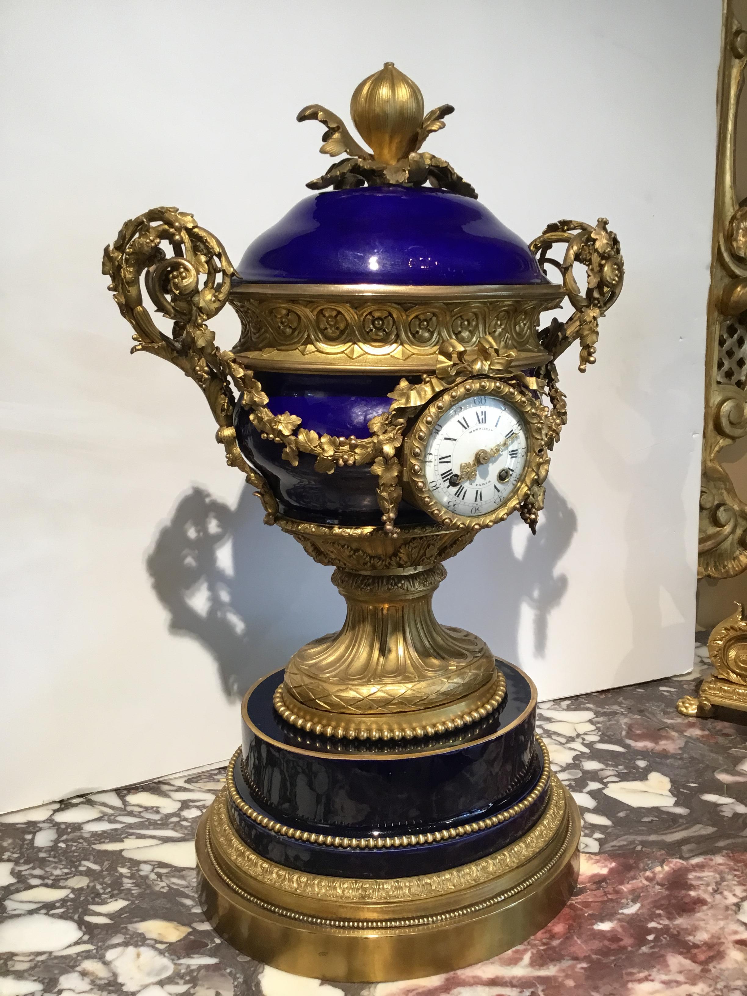 19th Century French Gilt Bronze and Porcelain XVI Urn Form Large Clock, circa 1880 For Sale