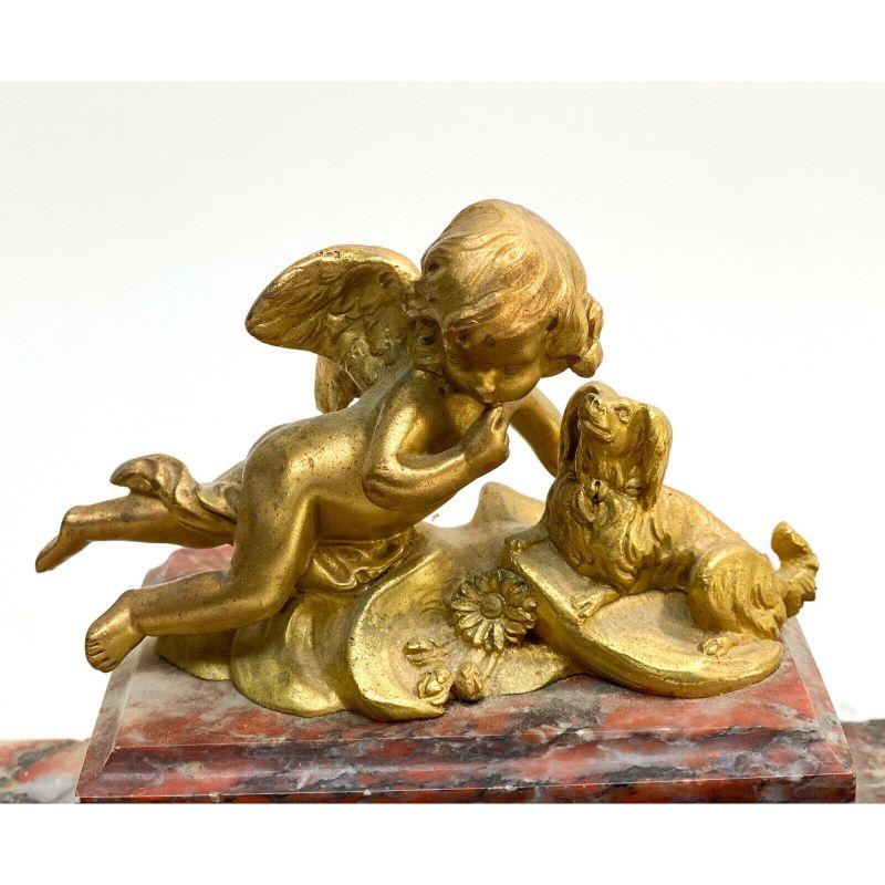 French Gilt Bronze and Red Marble Cherub with Dog Inkwell Pen Stand 19th Century In Good Condition For Sale In Gardena, CA