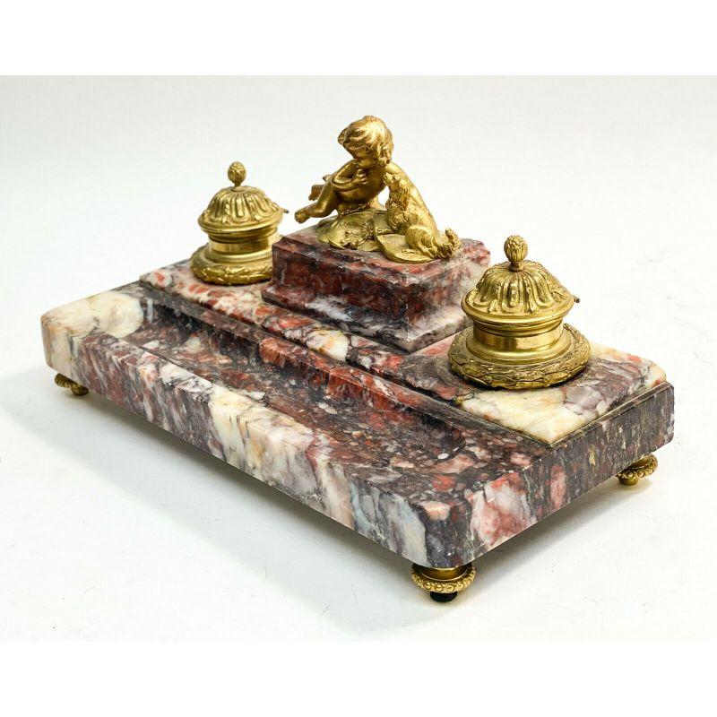 French Gilt Bronze and Red Marble Cherub with Dog Inkwell Pen Stand 19th Century For Sale 1