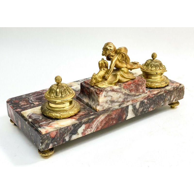 French Gilt Bronze and Red Marble Cherub with Dog Inkwell Pen Stand 19th Century For Sale 2