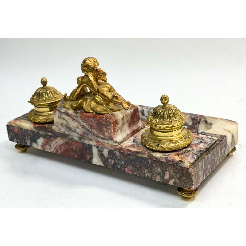 French Gilt Bronze and Red Marble Cherub with Dog Inkwell Pen Stand 19th Century For Sale 3