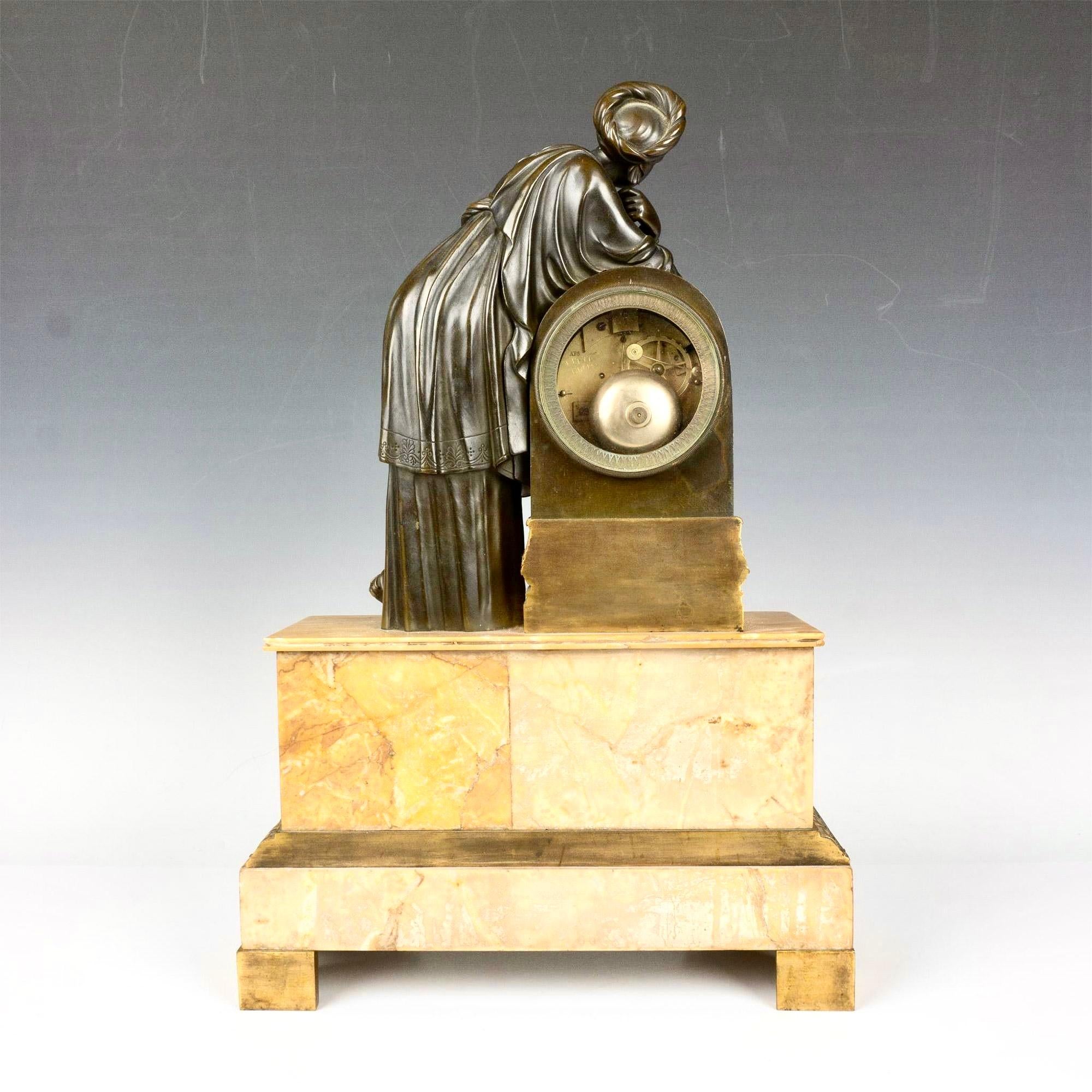 French Gilt Bronze and Siena Marble Minerva Clock In Good Condition For Sale In Bradenton, FL
