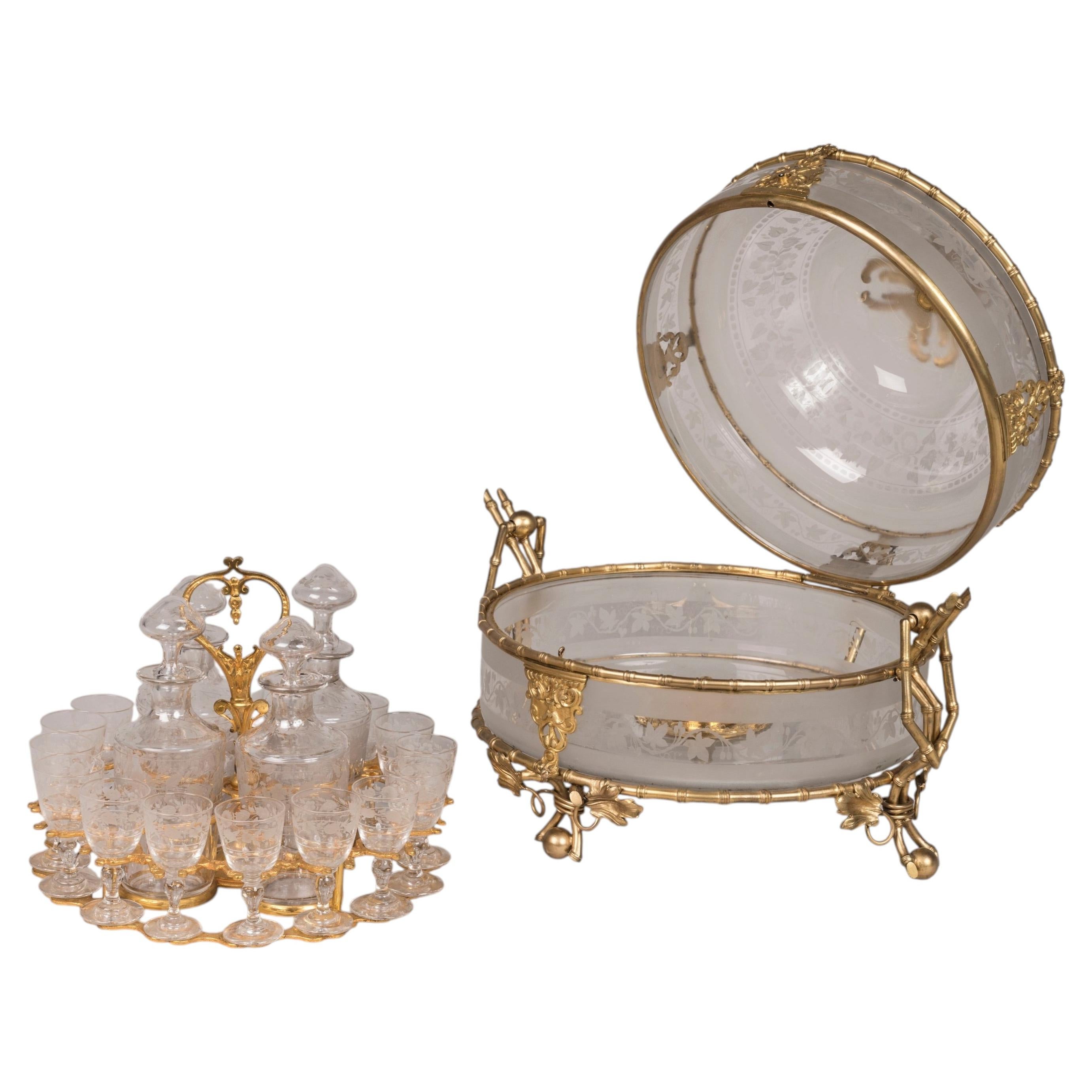 French Gilt Bronze Bamboo Form Liqueur Set With 16 Glasses, Circa 1890