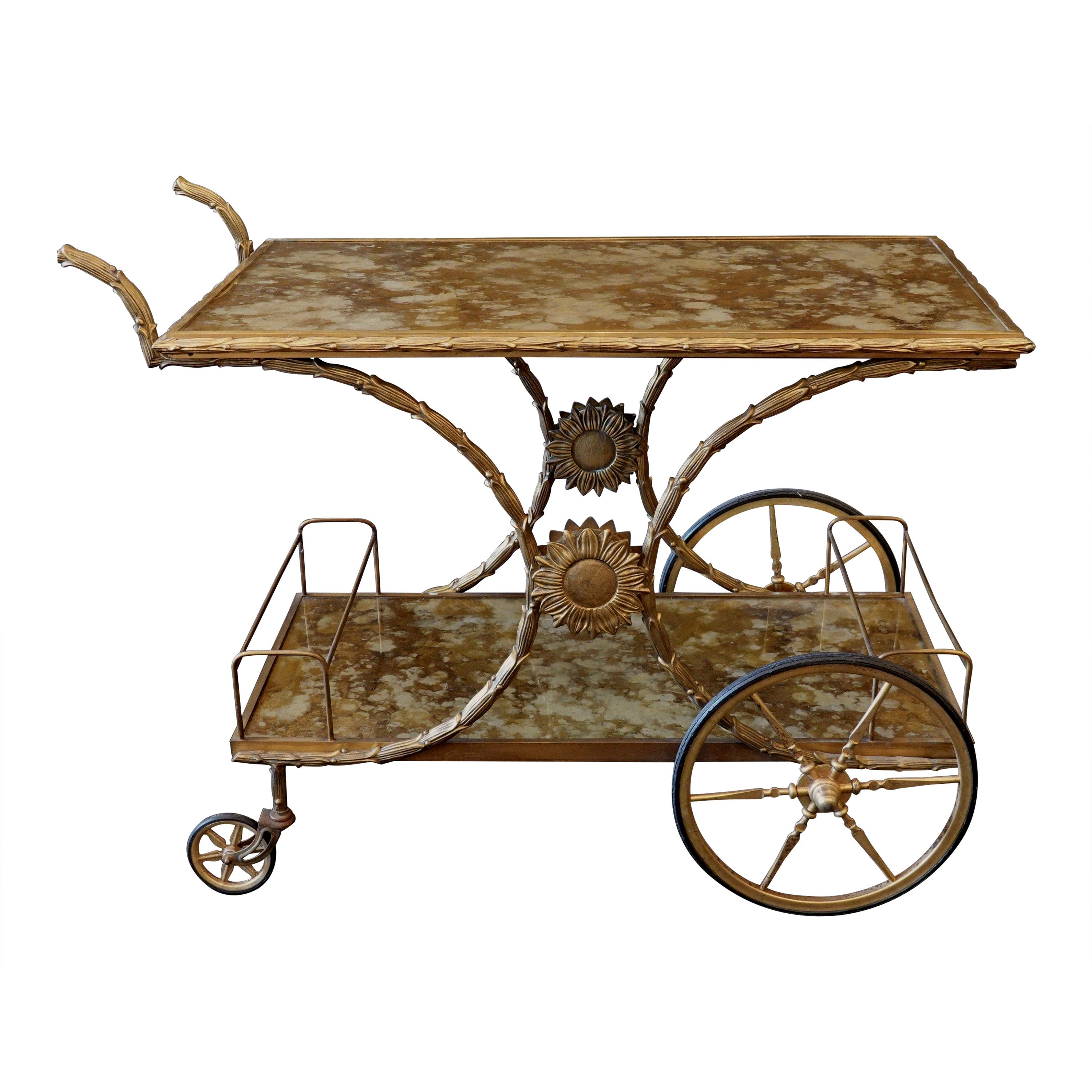 French Gilt-Bronze Bar Cart with Gold Églomisé Tops attr. to Bagues