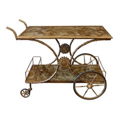 Chariot de bar français en bronze doré avec plateaux en or églomisé attr. à Bagues