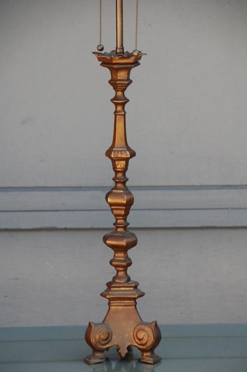 French gilt bronze Baroque style candlestick lamp.