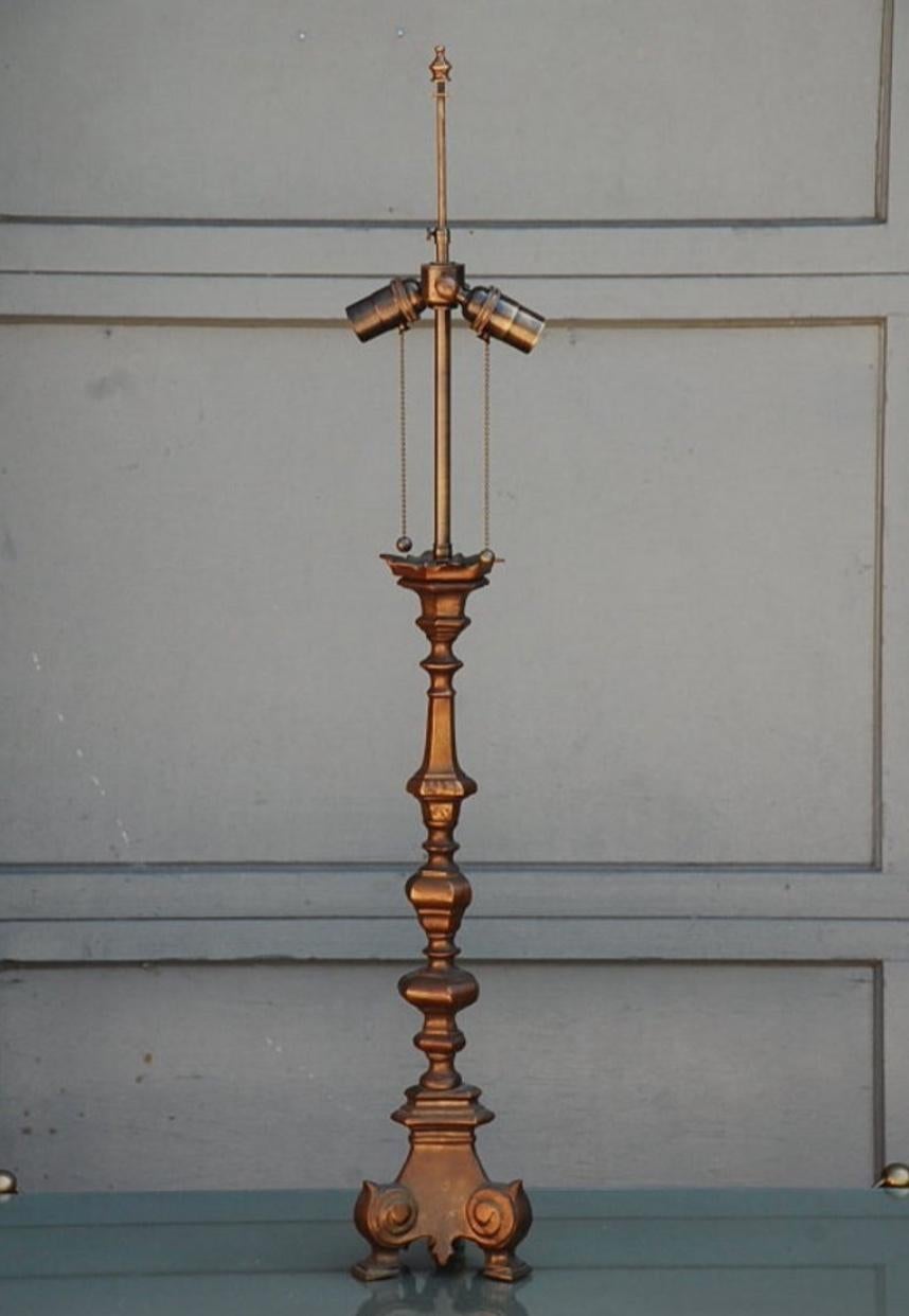 French Gilt Bronze Baroque Style Candlestick Lamp In Excellent Condition For Sale In Los Angeles, CA