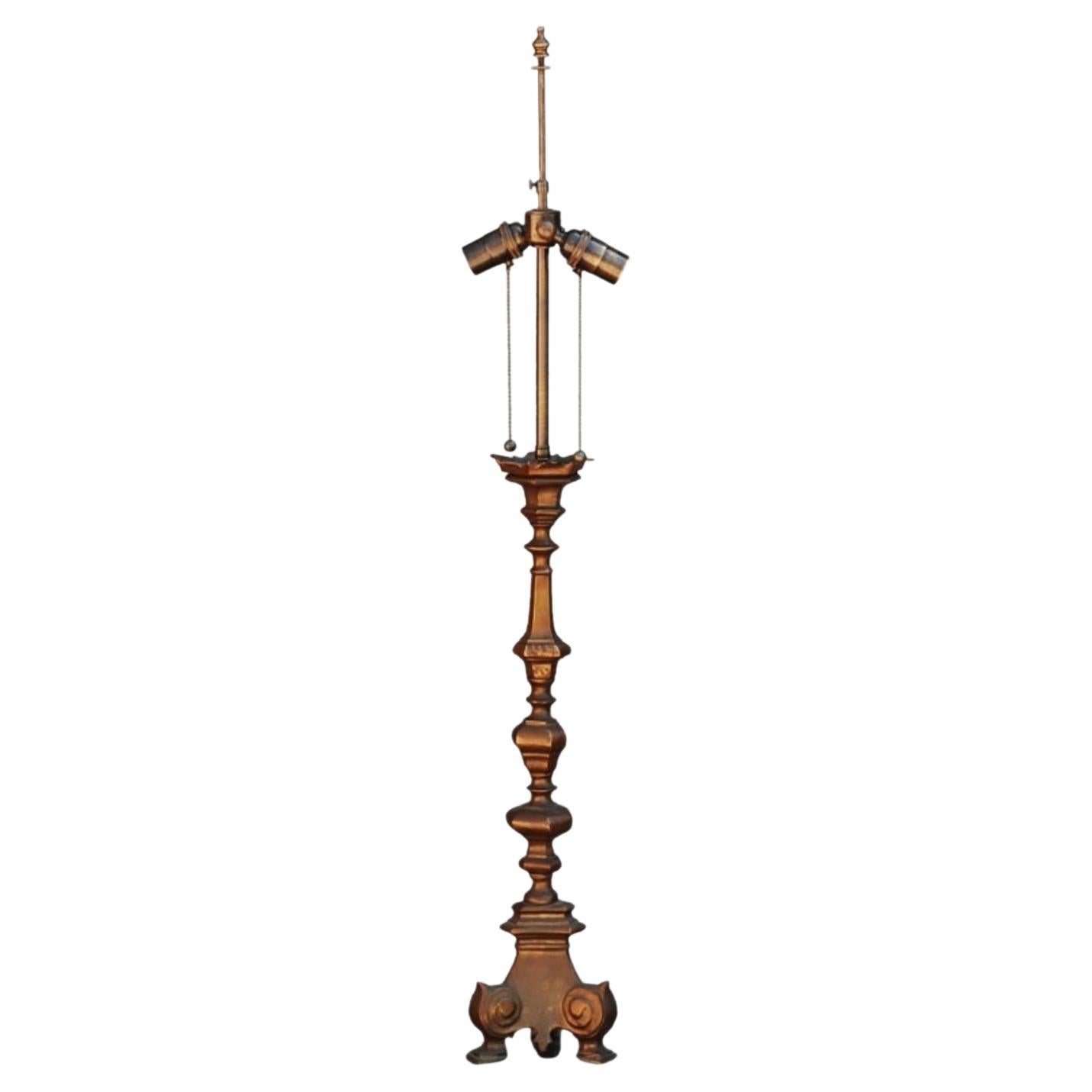 French Gilt Bronze Baroque Style Candlestick Lamp For Sale