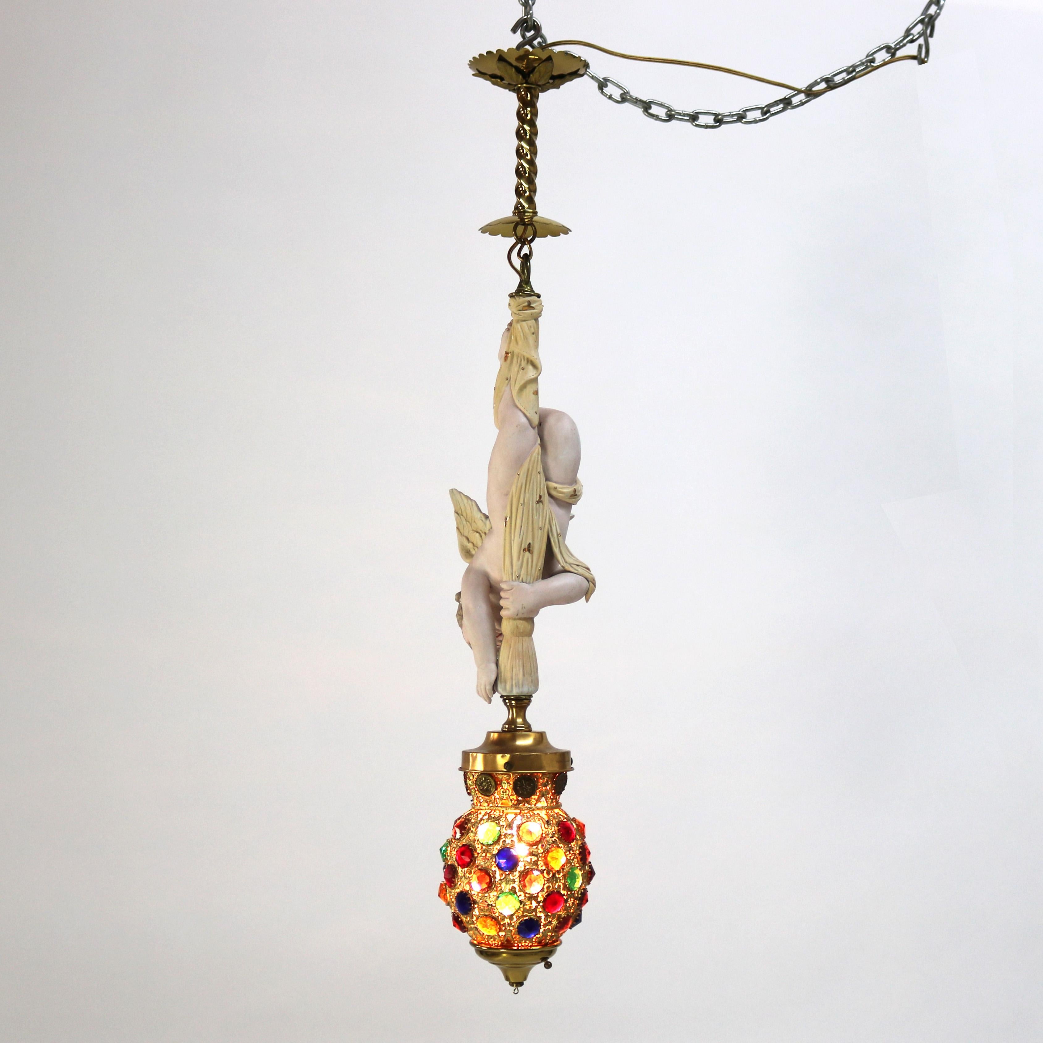 Lámpara Colgante Figural Cupido de Bronce Dorado, Latón y Bisque Francés y Pantalla Joyada en venta 5