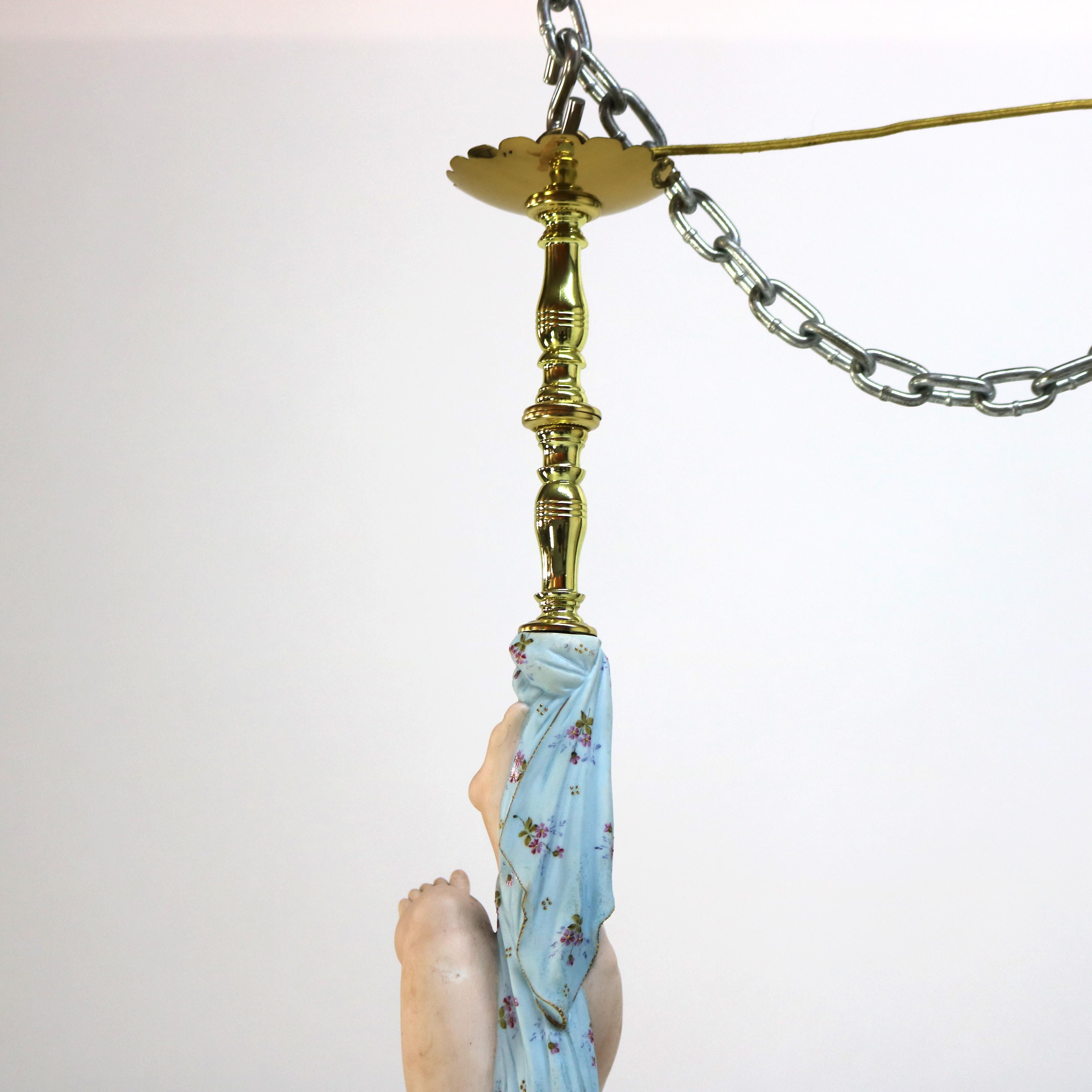 French Gilt Bronze, Brass & Bisque Figural Cupid Pendant Light & Jeweled Shade 5