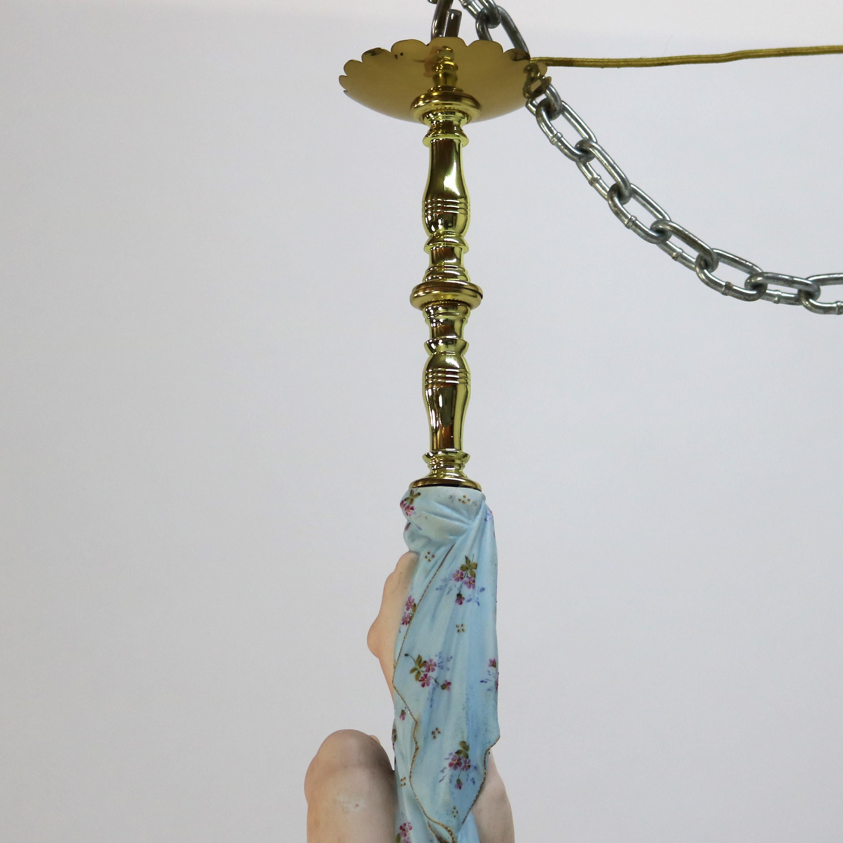 French Gilt Bronze, Brass & Bisque Figural Cupid Pendant Light & Jeweled Shade 7