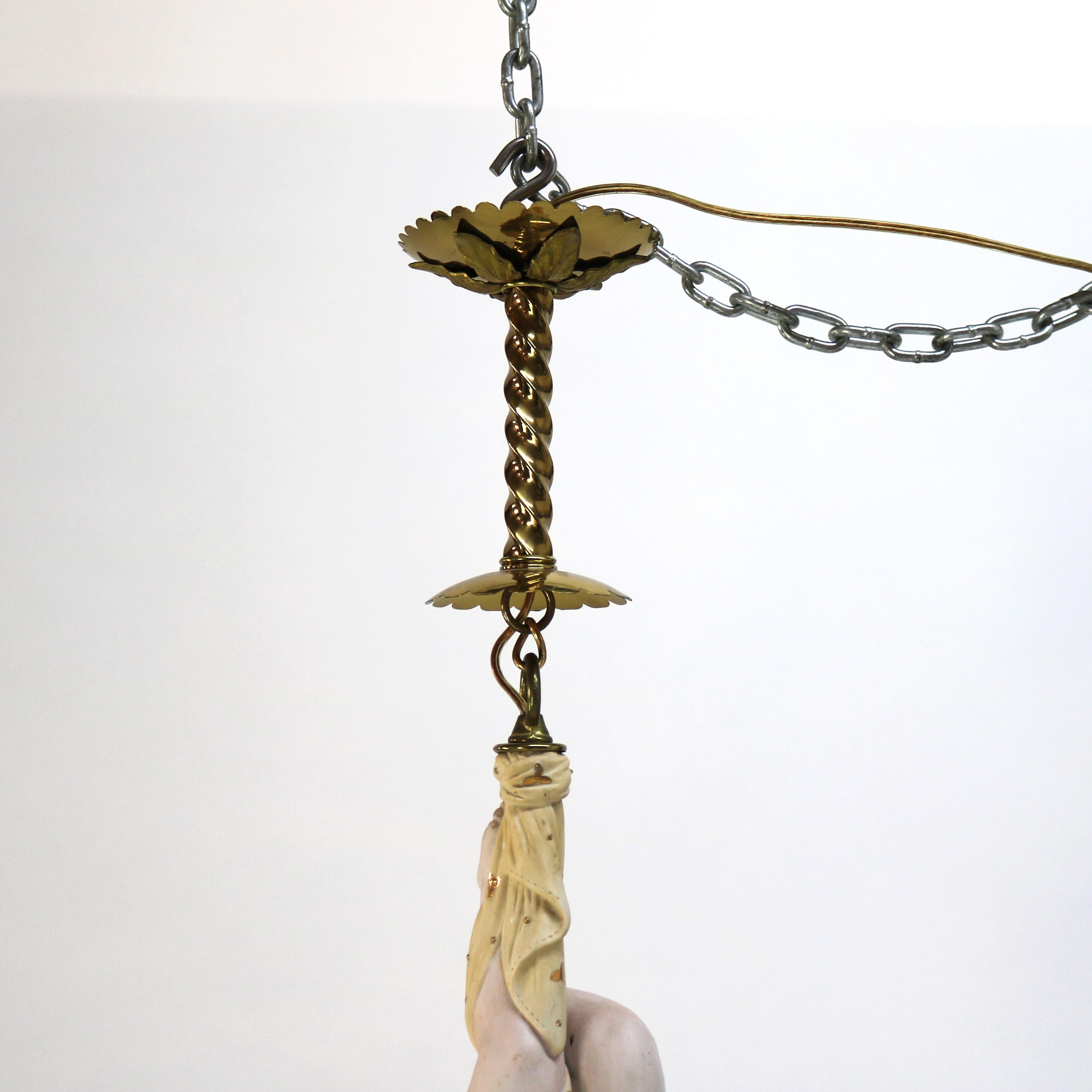 Lámpara Colgante Figural Cupido de Bronce Dorado, Latón y Bisque Francés y Pantalla Joyada en venta 8