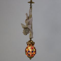 French Gilt Bronze, Brass & Bisque Figural Cupid Pendant Light & Jeweled Shade