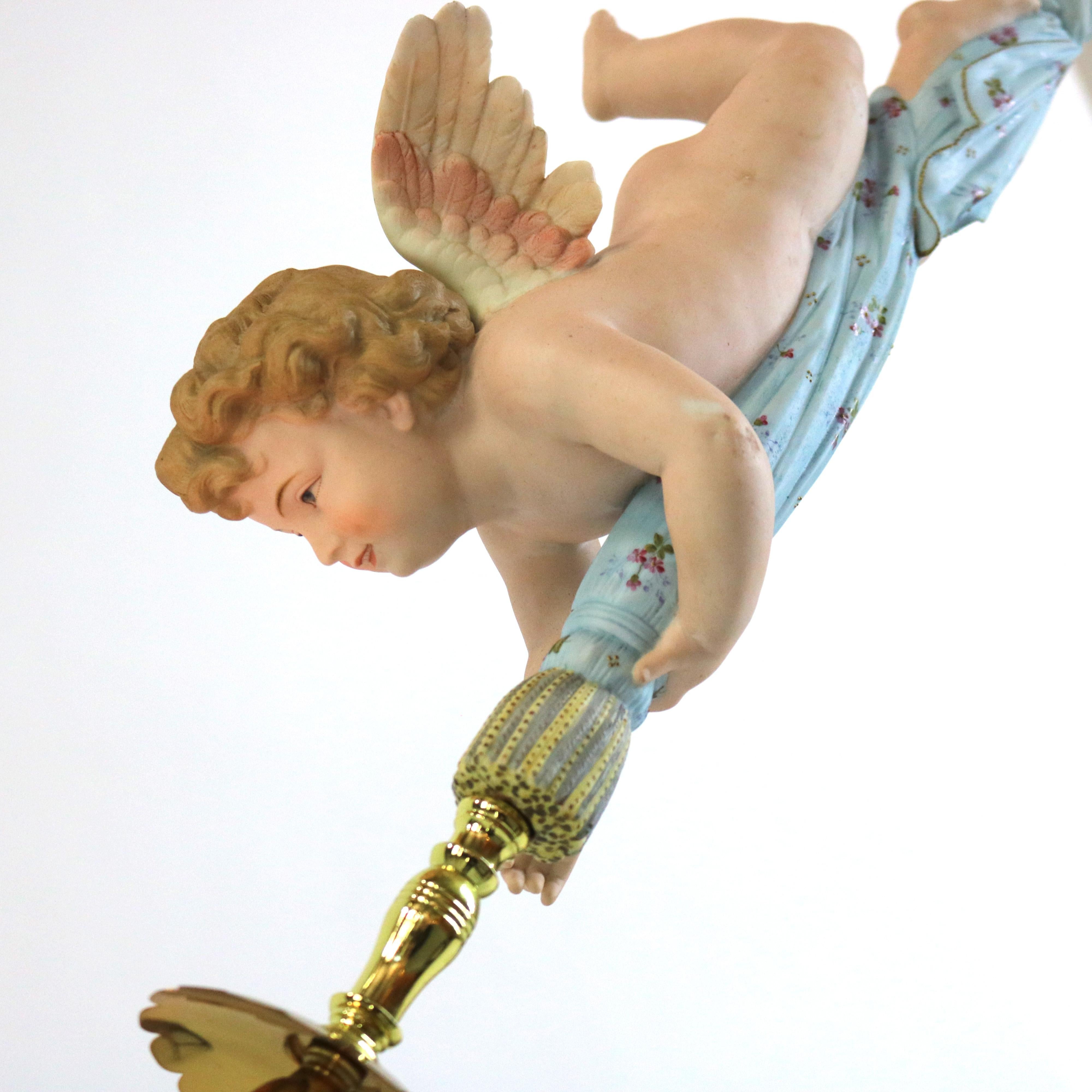 Antique French Gilt Bronze, Brass & Bisque Figural Cupid Pendant Light & Jeweled Shade c1920

Measures - 39 1/2