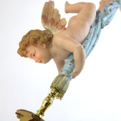 Lampe à suspension française Cupidon figurative en bronze doré, laiton et bisque avec abat-jour orné de bijoux
