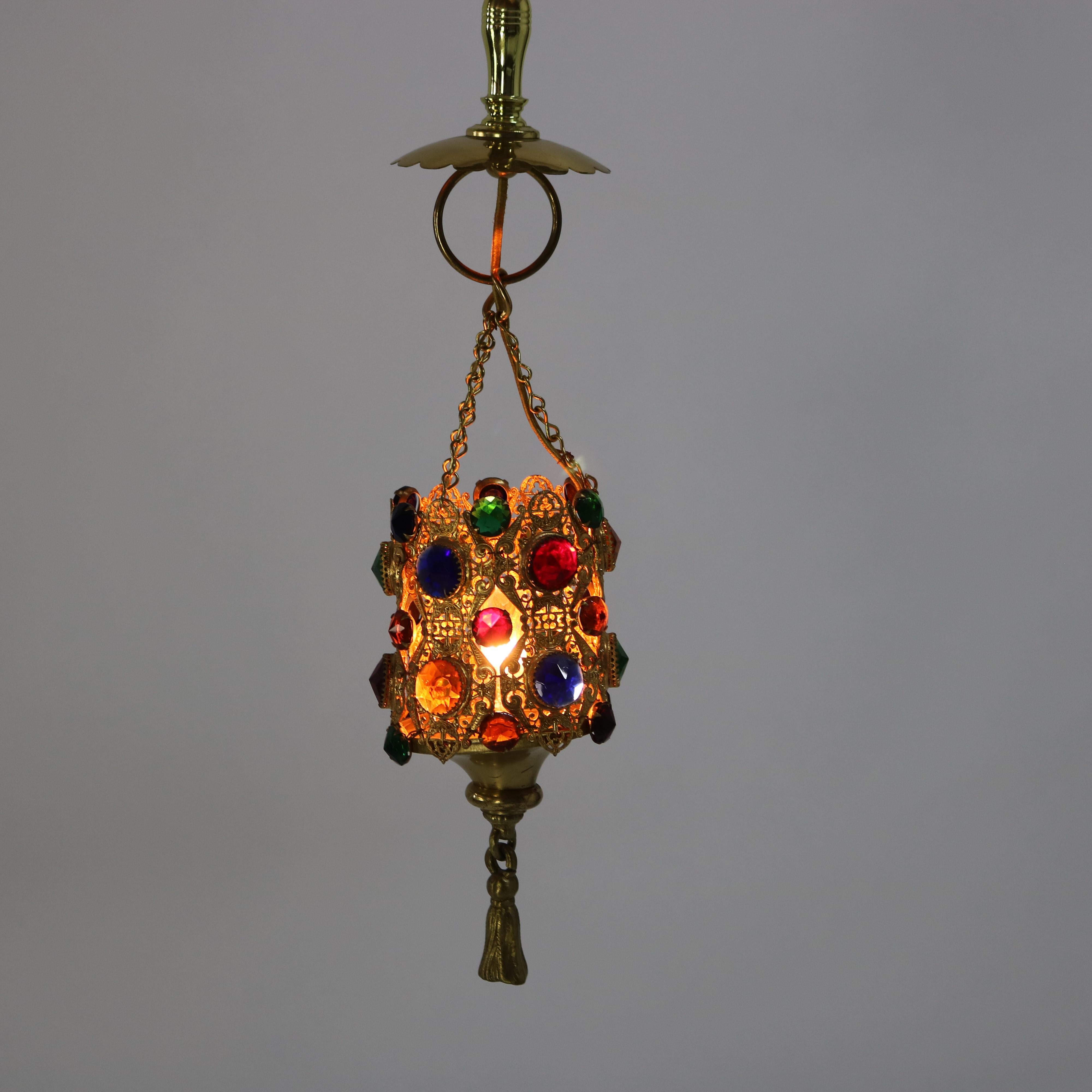 French Gilt Bronze, Brass & Bisque Figural Cupid Pendant Light & Jeweled Shade In Good Condition In Big Flats, NY