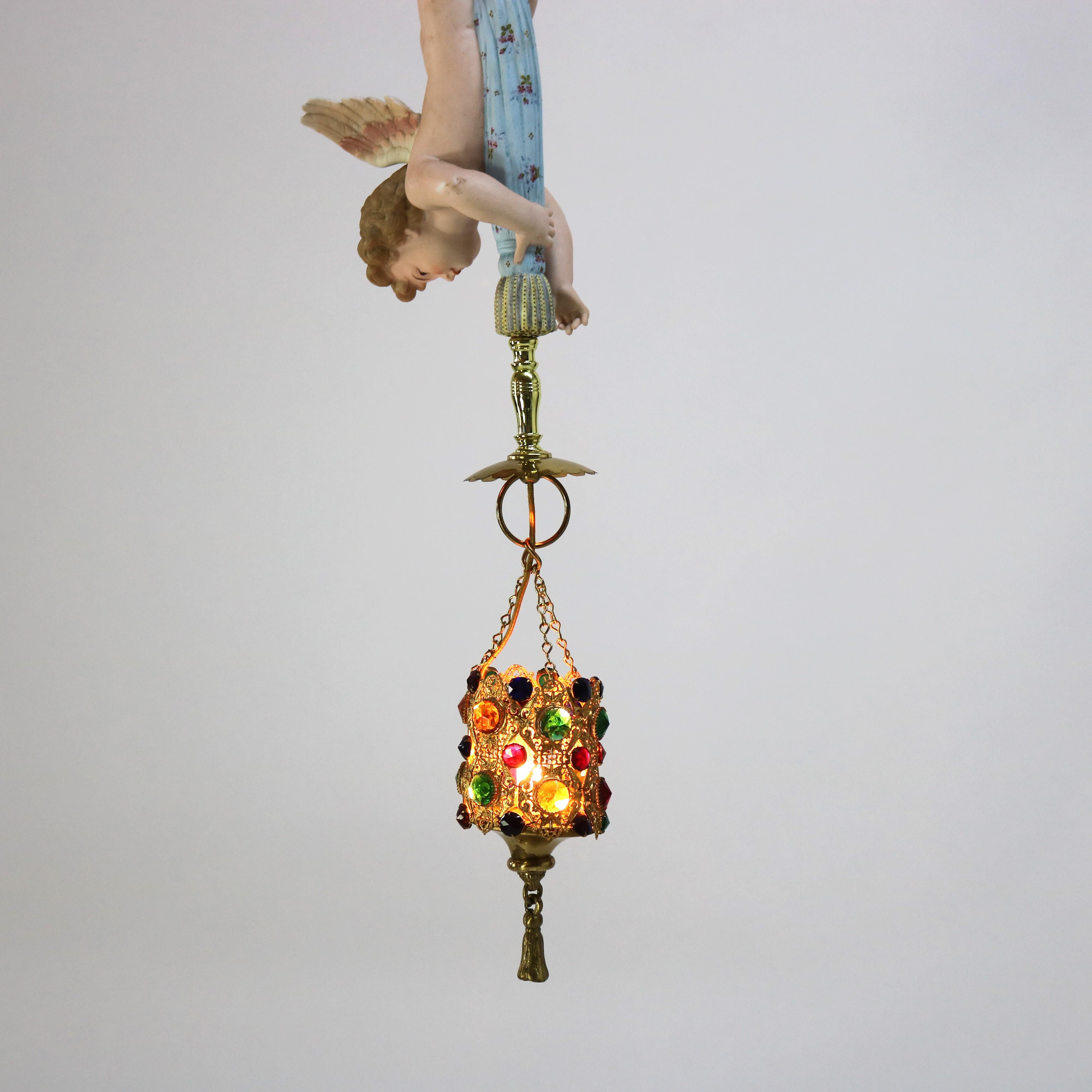20th Century French Gilt Bronze, Brass & Bisque Figural Cupid Pendant Light & Jeweled Shade