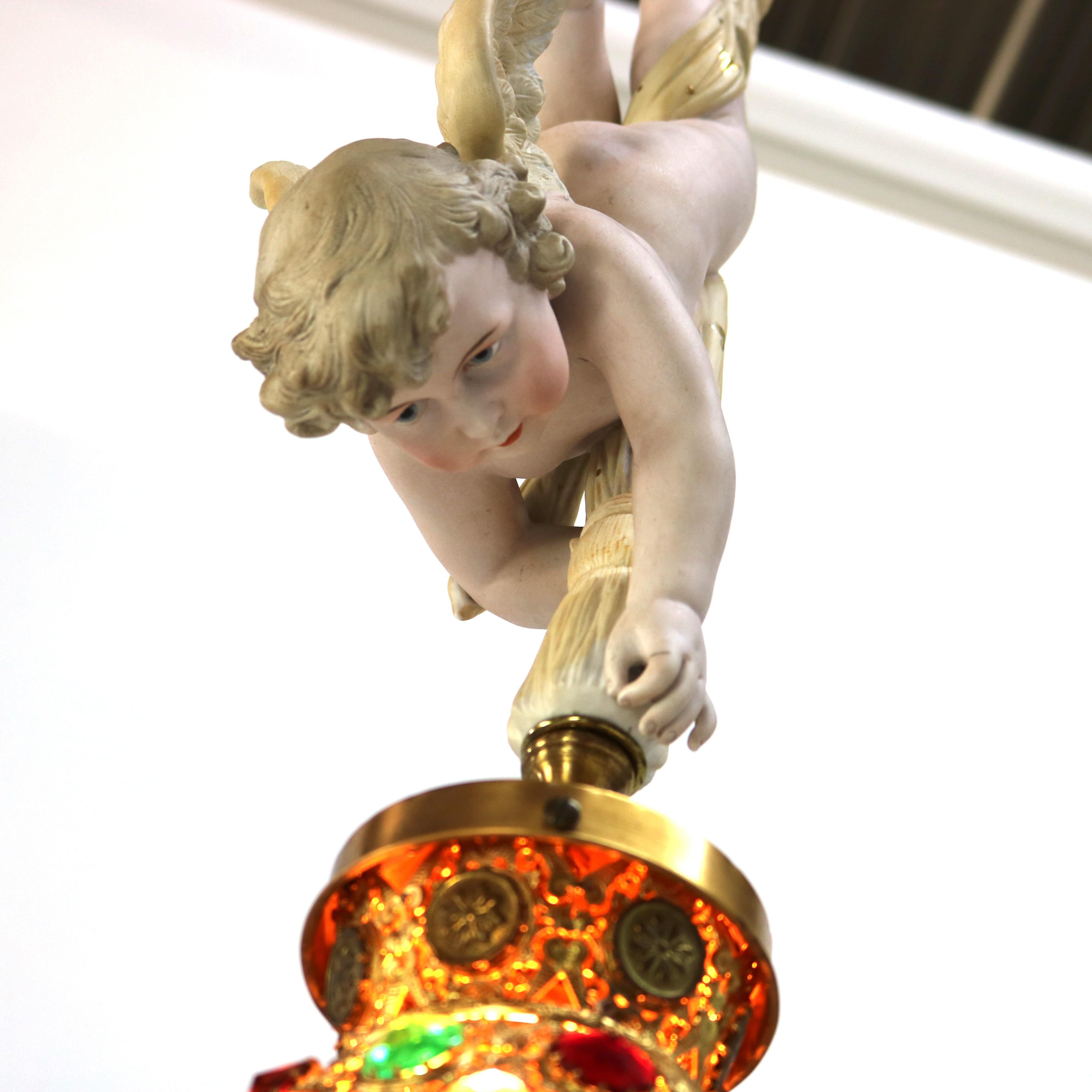 Lámpara Colgante Figural Cupido de Bronce Dorado, Latón y Bisque Francés y Pantalla Joyada en venta 1