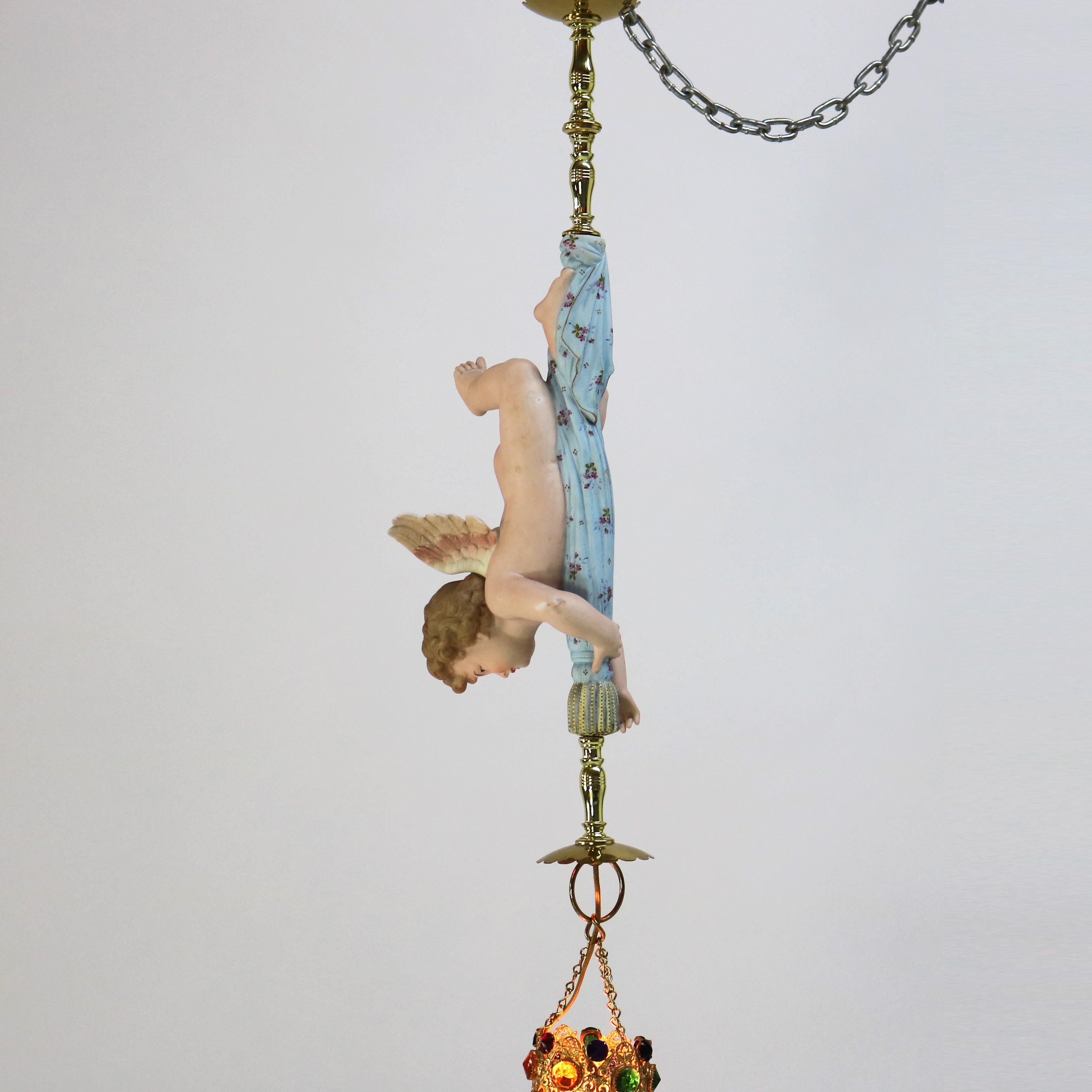 French Gilt Bronze, Brass & Bisque Figural Cupid Pendant Light & Jeweled Shade 1