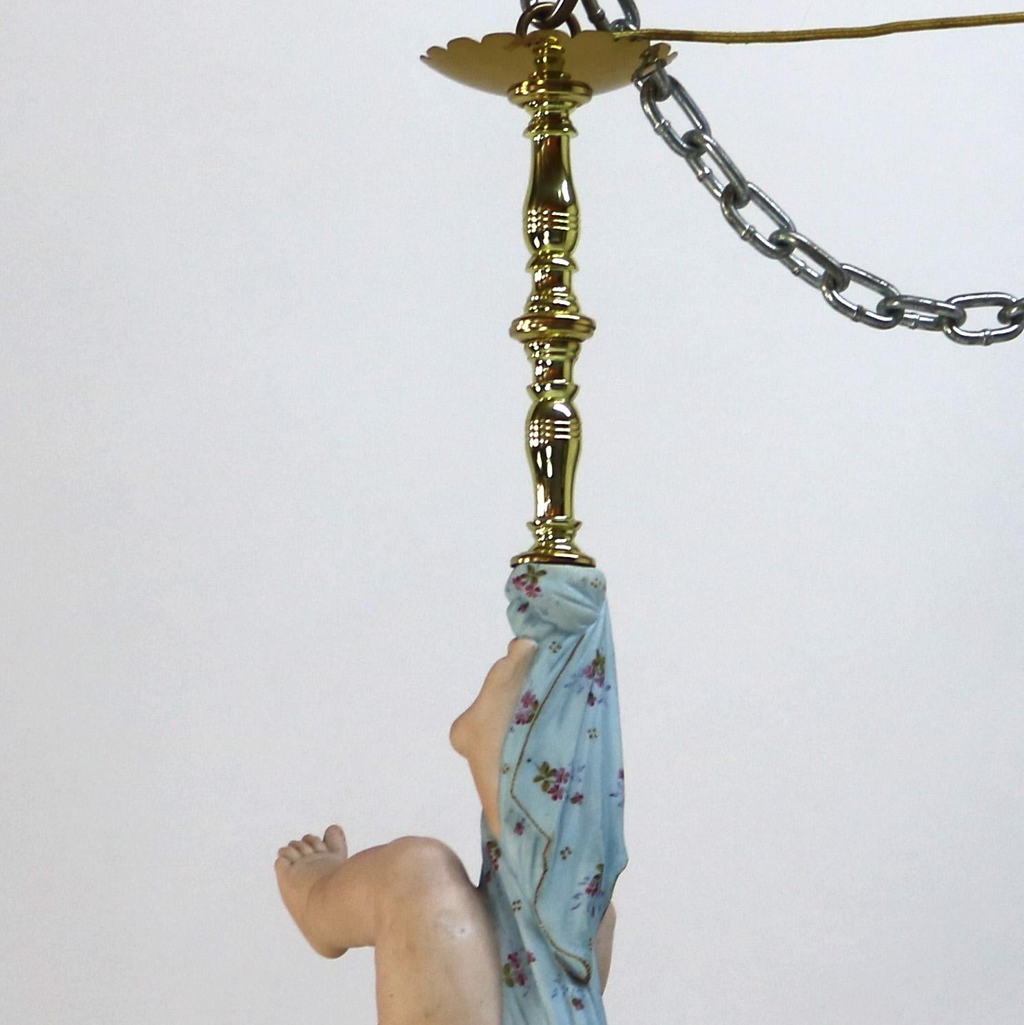 French Gilt Bronze, Brass & Bisque Figural Cupid Pendant Light & Jeweled Shade 2