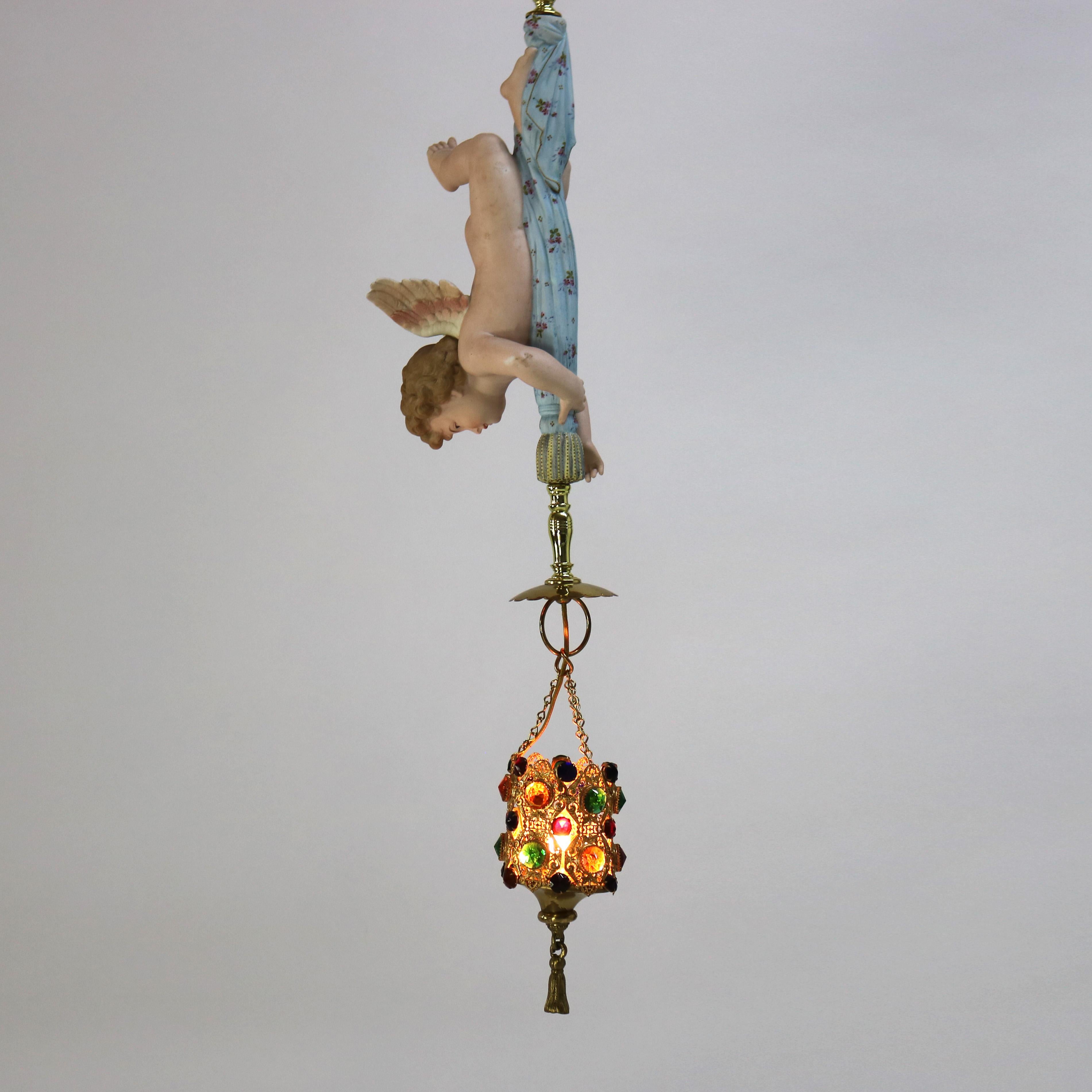 French Gilt Bronze, Brass & Bisque Figural Cupid Pendant Light & Jeweled Shade 3