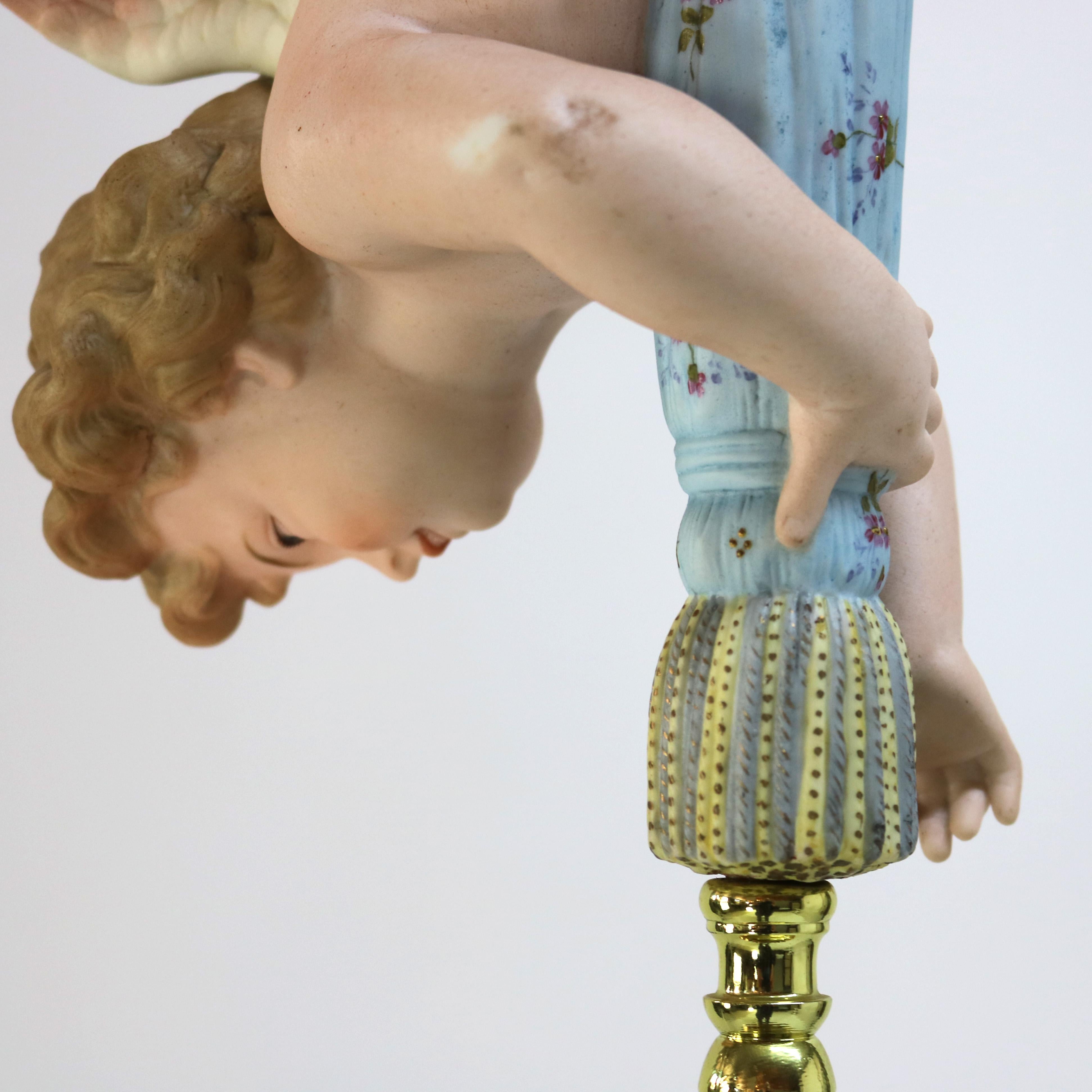 French Gilt Bronze, Brass & Bisque Figural Cupid Pendant Light & Jeweled Shade 4