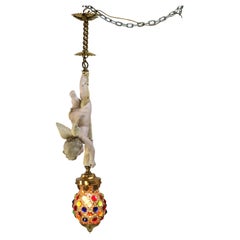 Antique French Gilt Bronze, Brass & Bisque Figural Cupid Pendant Light & Jeweled Shade