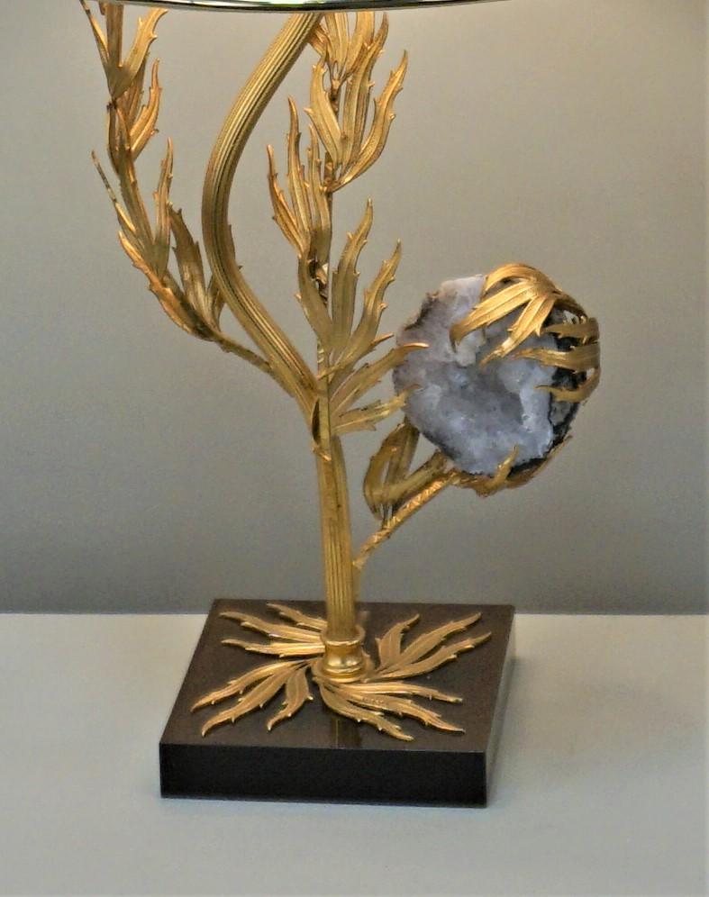 Elegant French gilt bronze celestite or rock crystal table lamp with brown Lucite base.
   