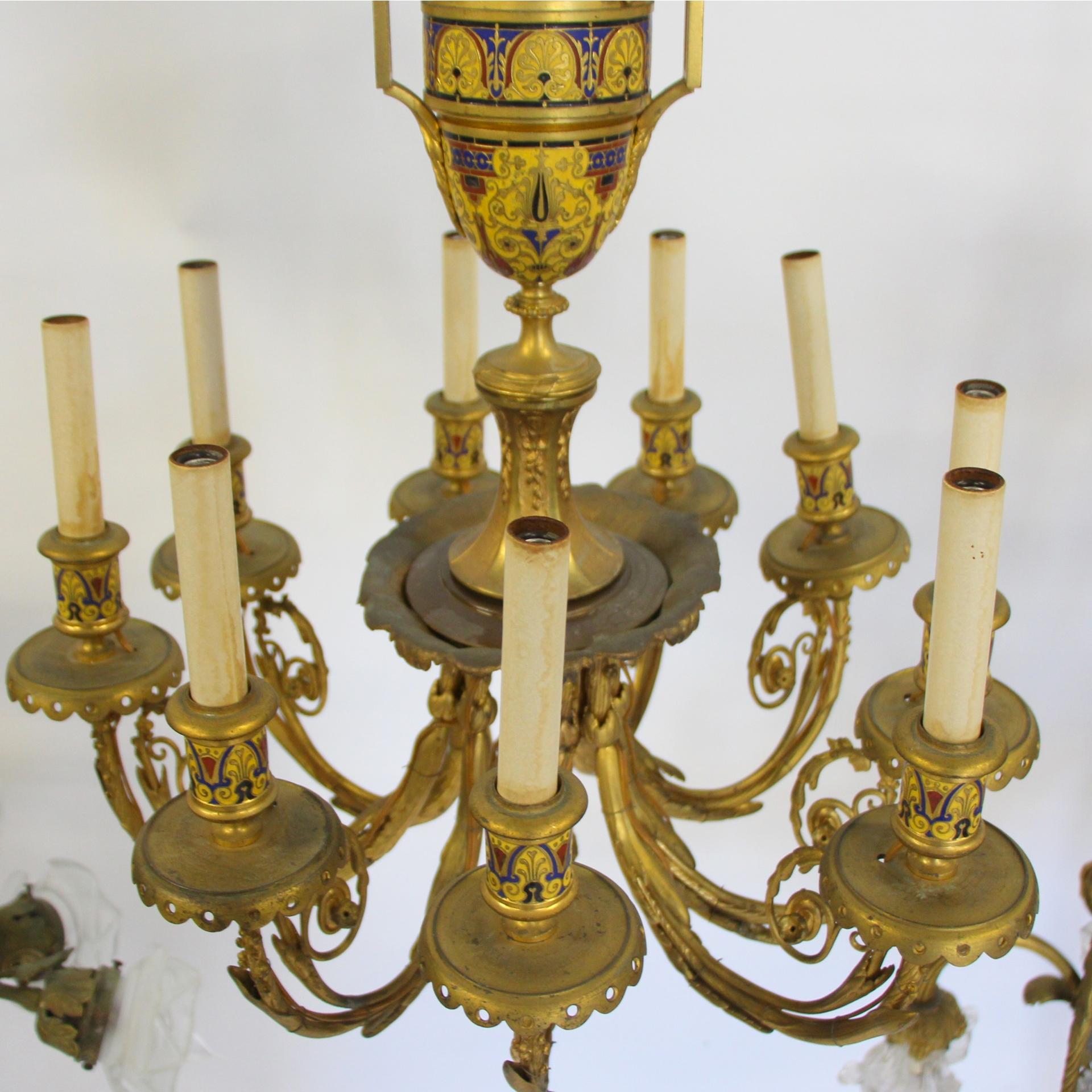 French Gilt Bronze Champlevé Enamel Chandelier Attributed to Barbedienne In Good Condition For Sale In New York, NY