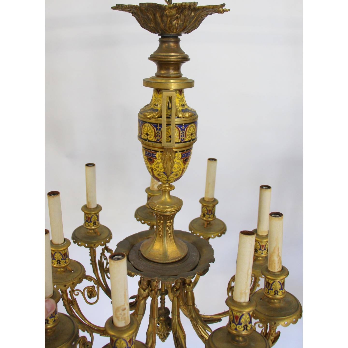 19th Century French Gilt Bronze Champlevé Enamel Chandelier Attributed to Barbedienne For Sale