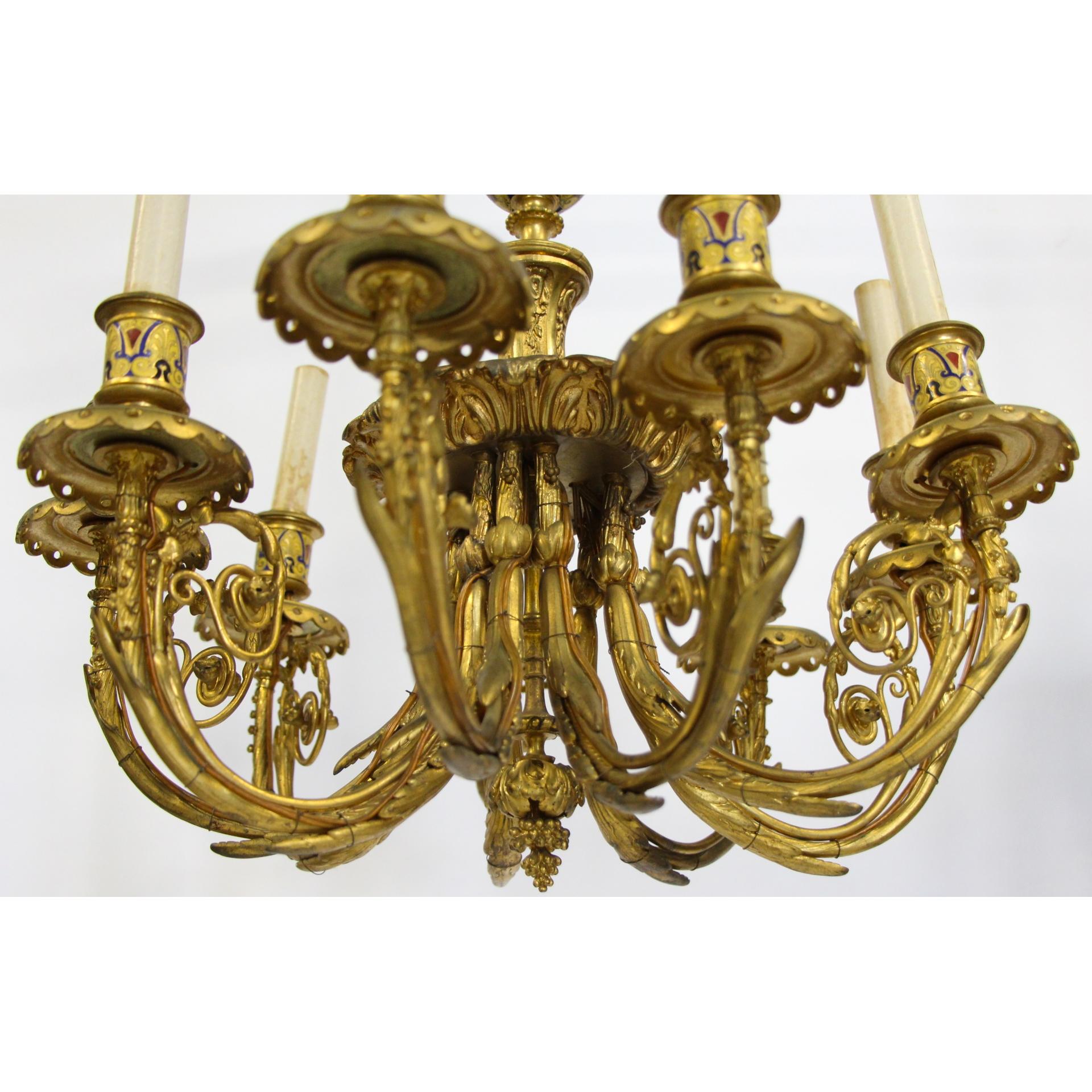 French Gilt Bronze Champlevé Enamel Chandelier Attributed to Barbedienne For Sale 1