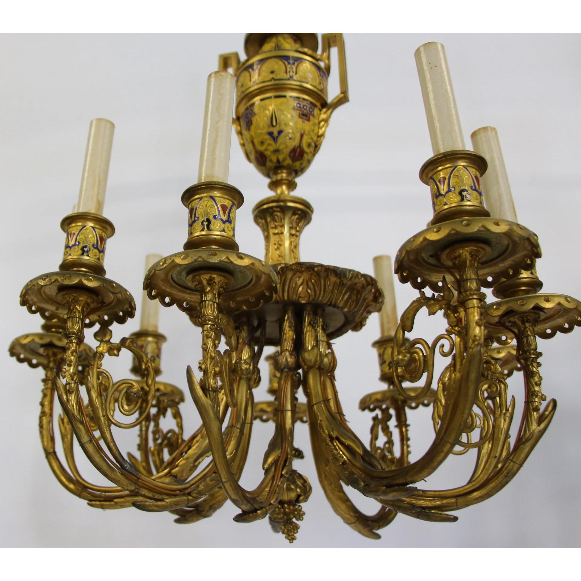 French Gilt Bronze Champlevé Enamel Chandelier Attributed to Barbedienne For Sale 3