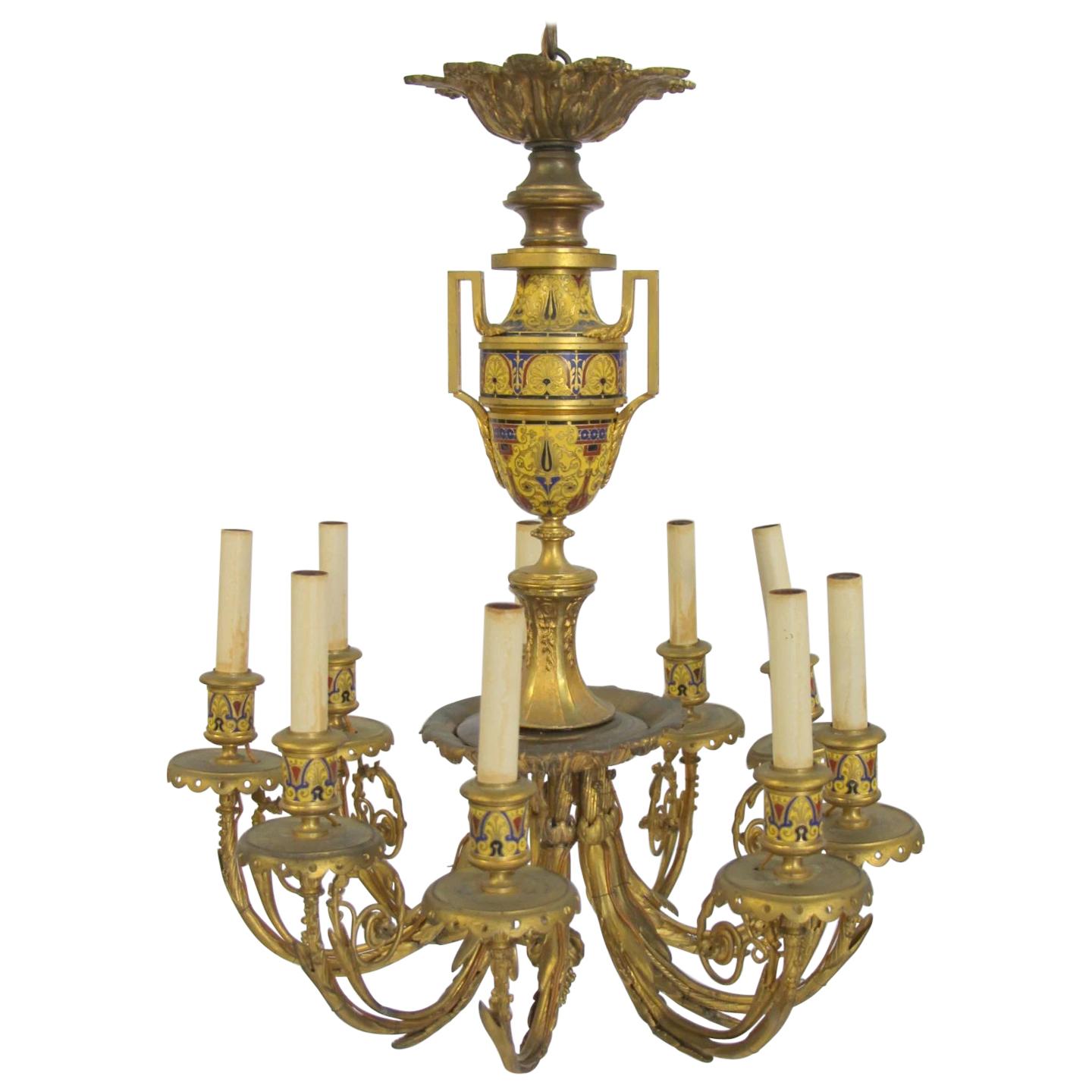 French Gilt Bronze Champlevé Enamel Chandelier Attributed to Barbedienne For Sale