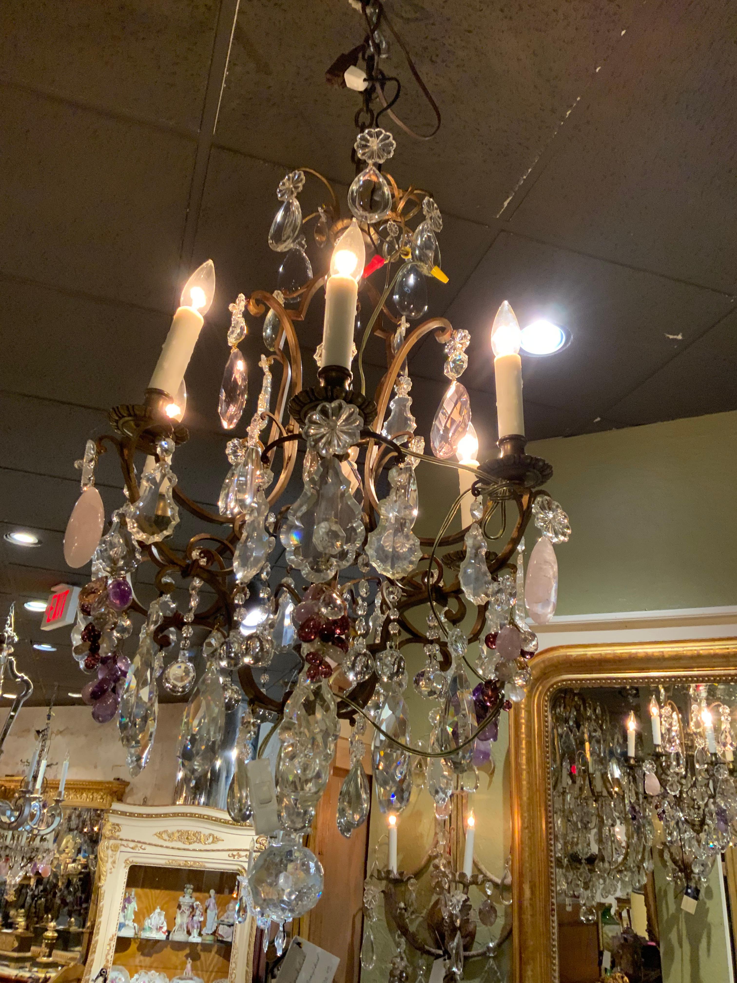 French Gilt Bronze Chandelier, Pink Quartz, Amythest, Rock, and Clear Crystal In Good Condition In Houston, TX