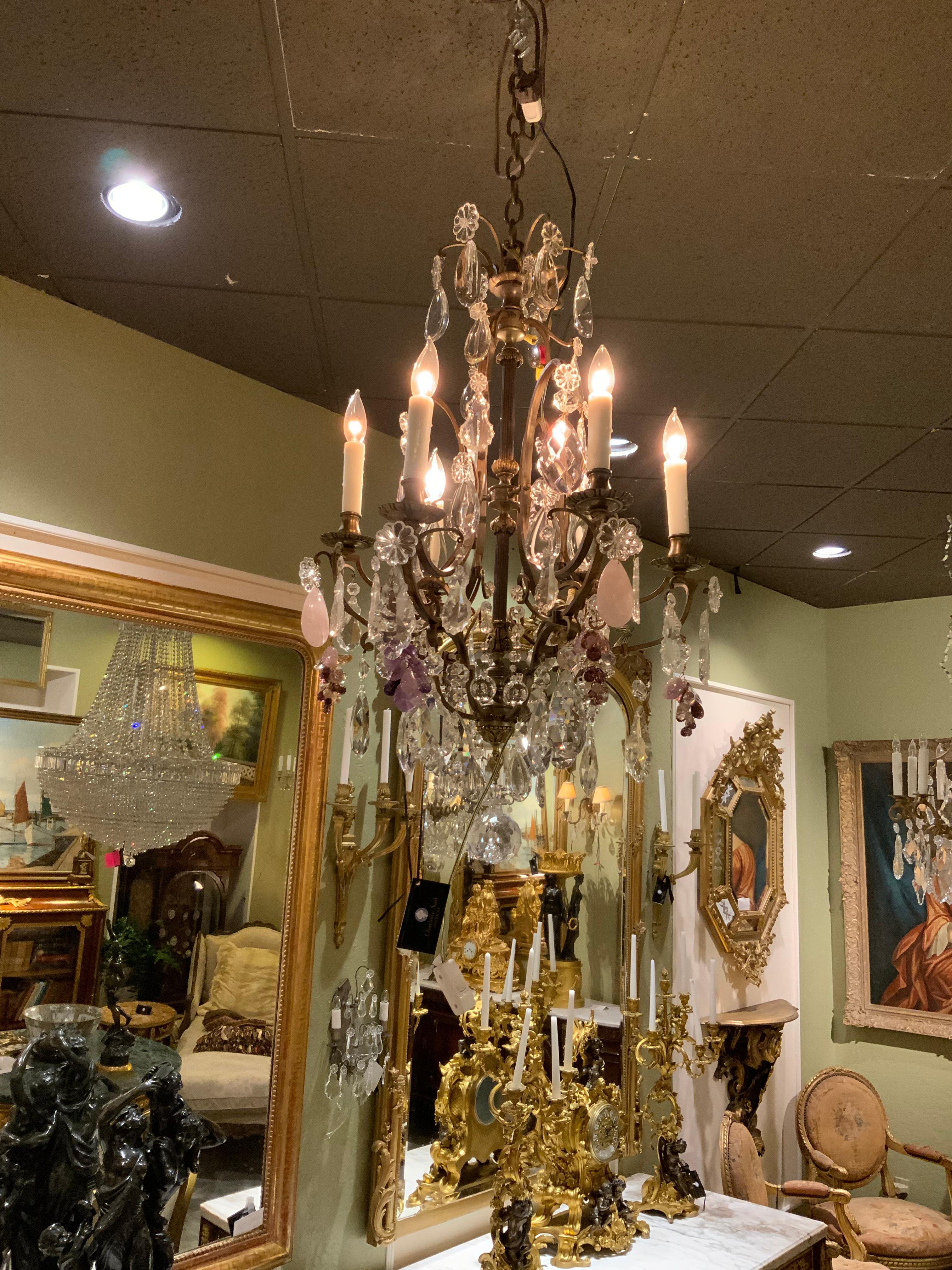 20th Century French Gilt Bronze Chandelier, Pink Quartz, Amythest, Rock, and Clear Crystal