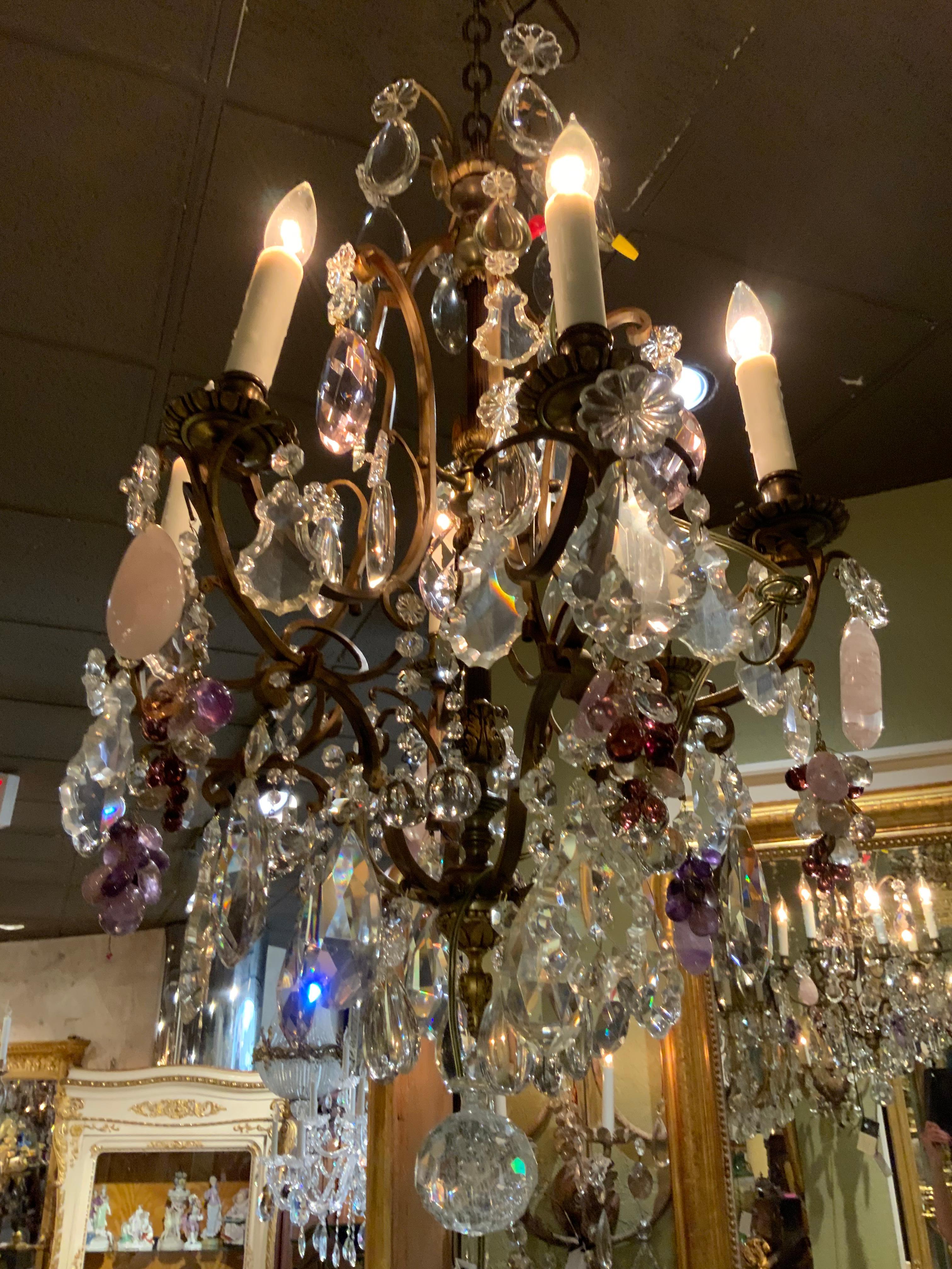 French Gilt Bronze Chandelier, Pink Quartz, Amythest, Rock, and Clear Crystal 1