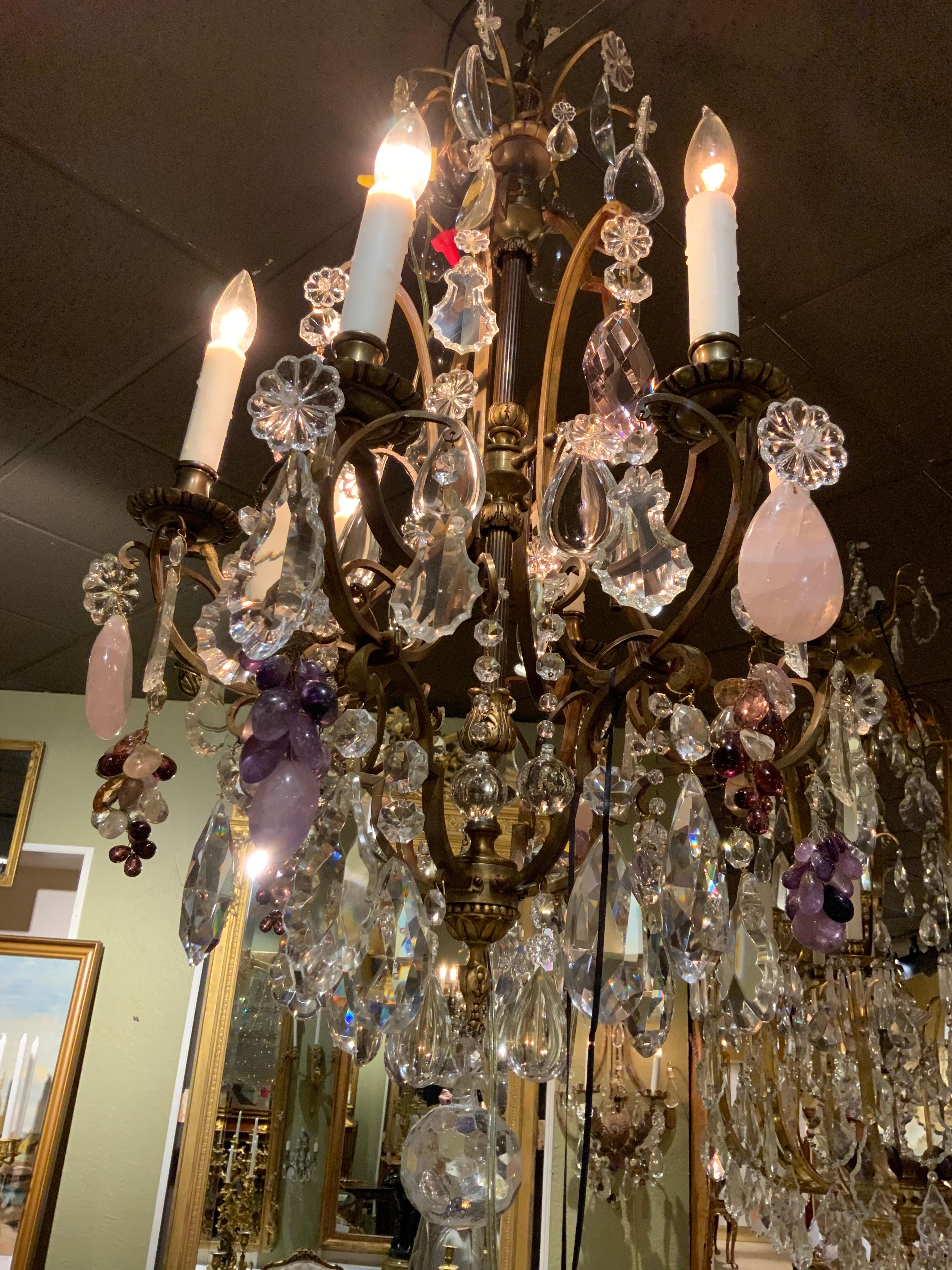 French Gilt Bronze Chandelier, Pink Quartz, Amythest, Rock, and Clear Crystal 2