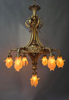 French Gilt Bronze Chandelier with Art Nouveau Leaf Glass Shades