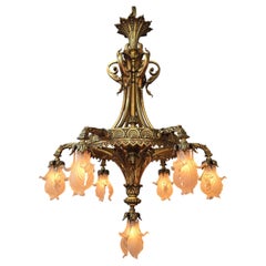French Gilt Bronze Chandelier with Art Nouveau Leaf Glass Shades