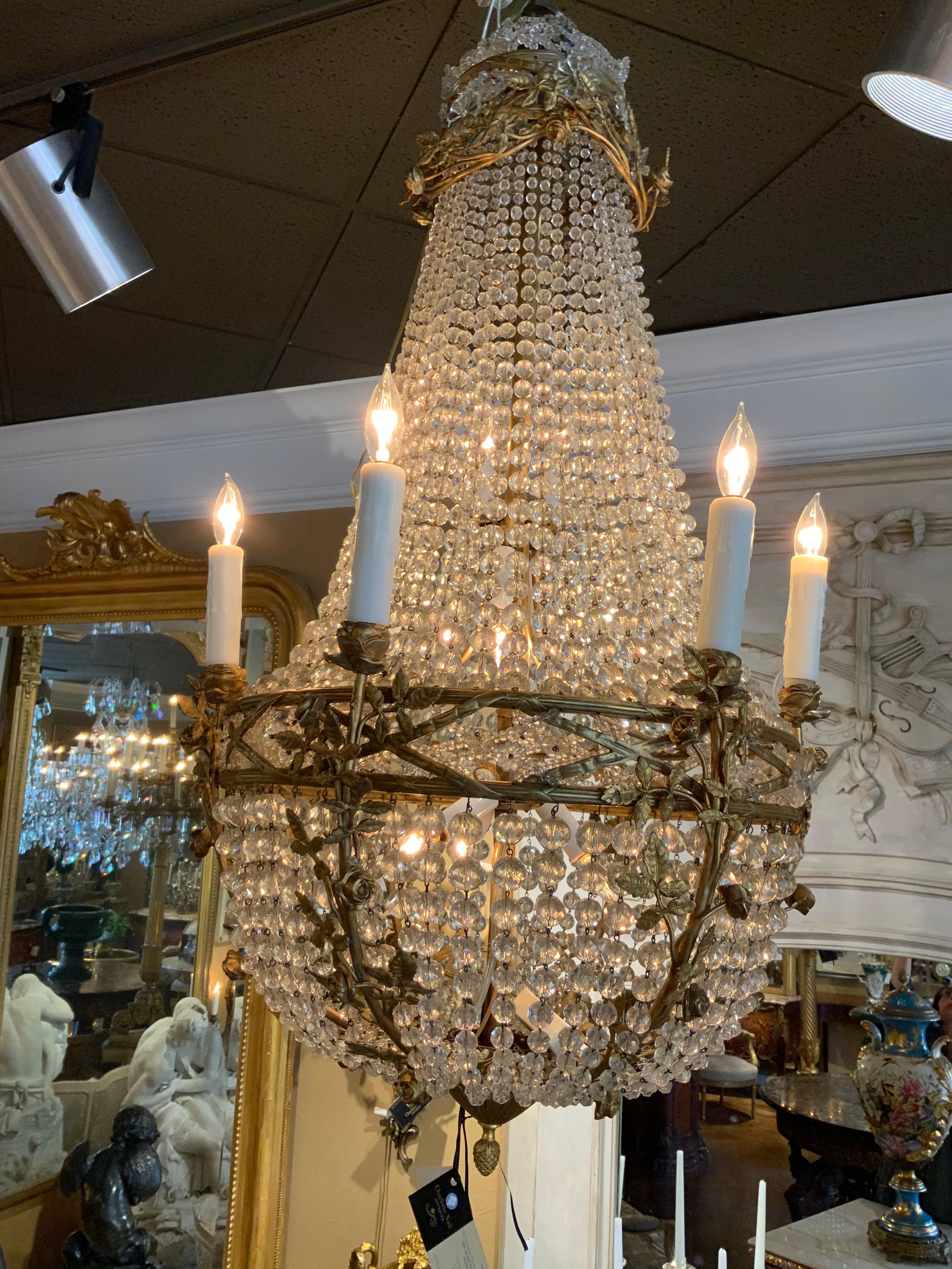 20th Century French Gilt Bronze Chandelier with Crystal Beads in Empire Style For Sale