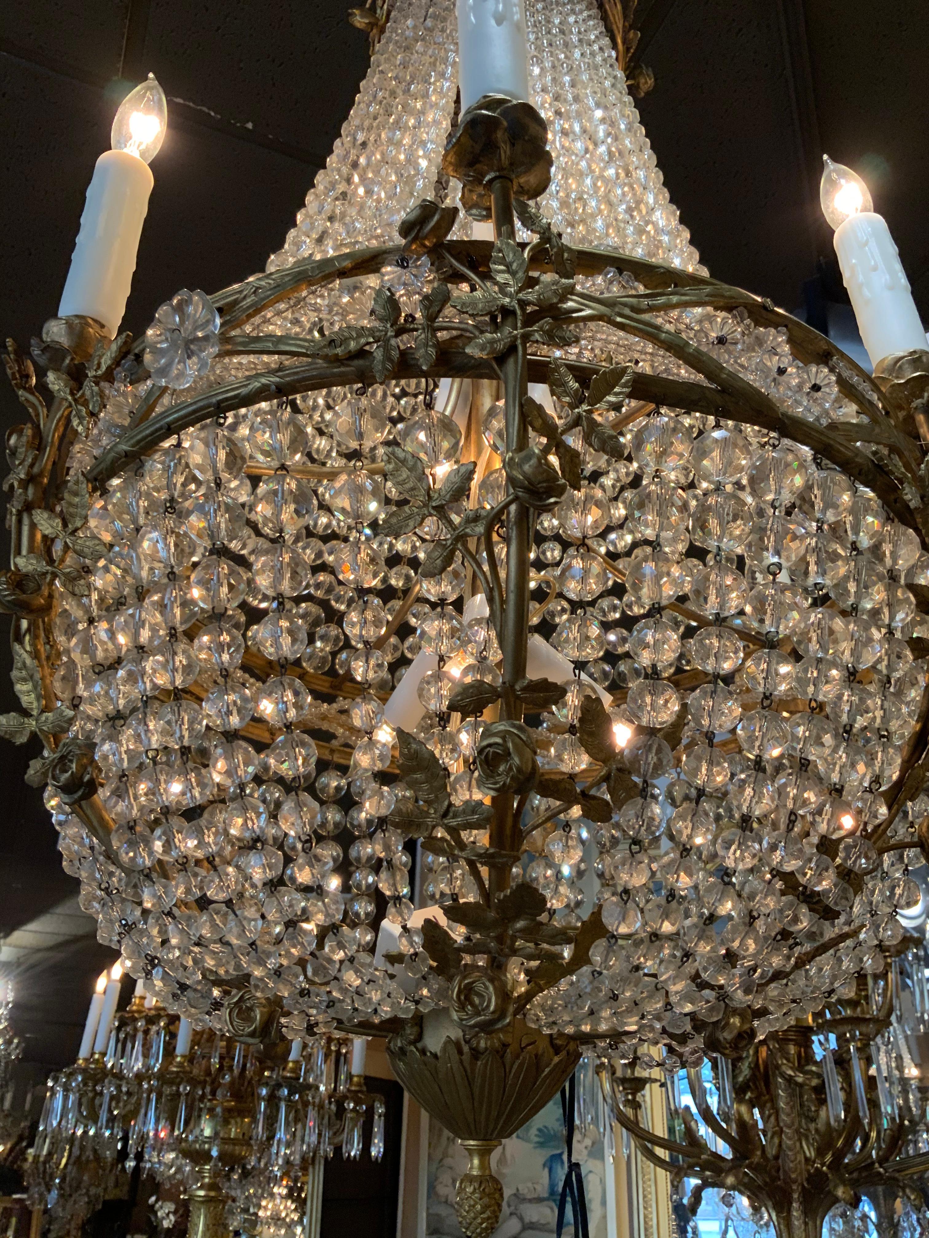 French Gilt Bronze Chandelier with Crystal Beads in Empire Style For Sale 1