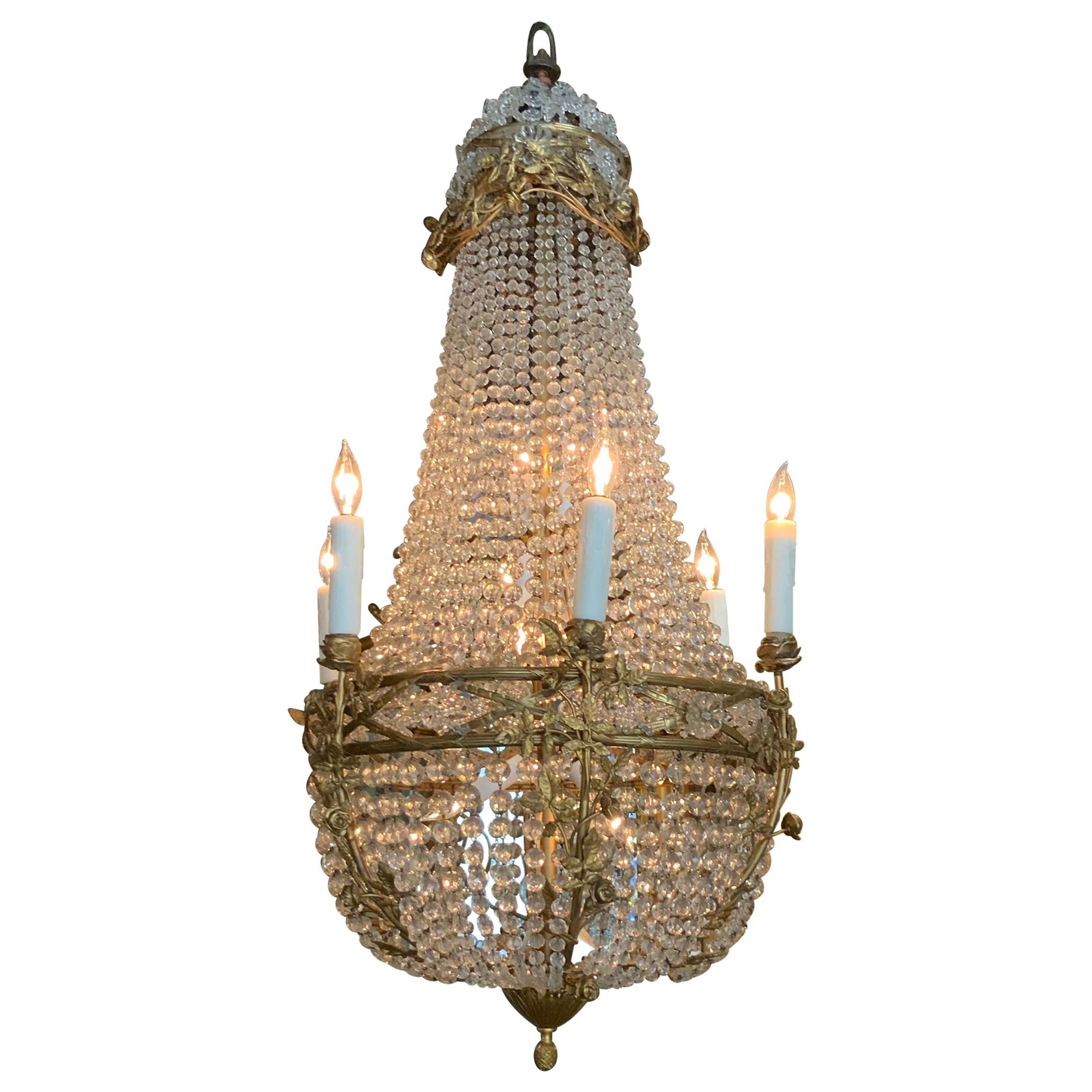 Lustre français en bronze doré avec perles de cristal de style Empire