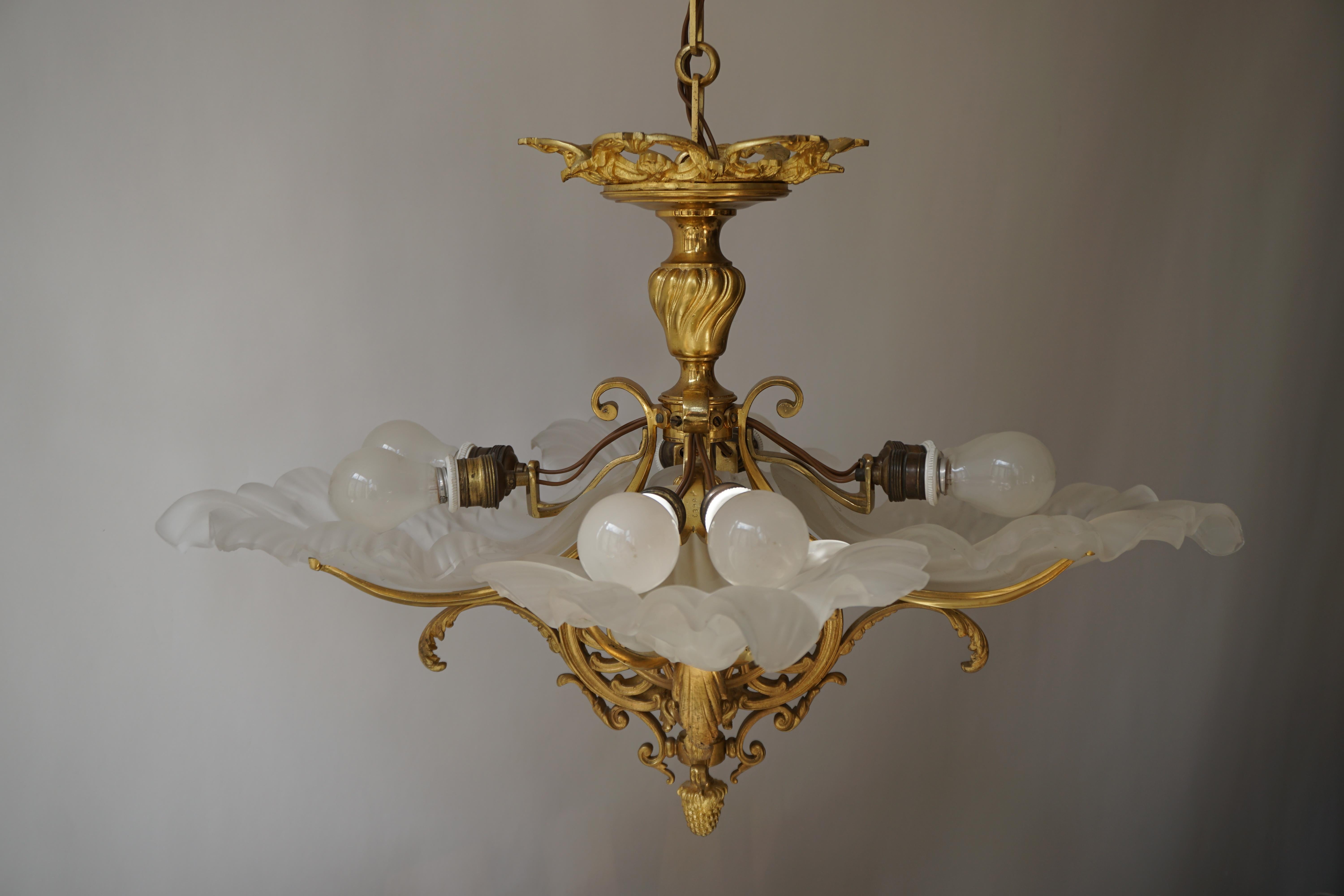 French Gilt Bronze Chandelier with Frosted Glass 3