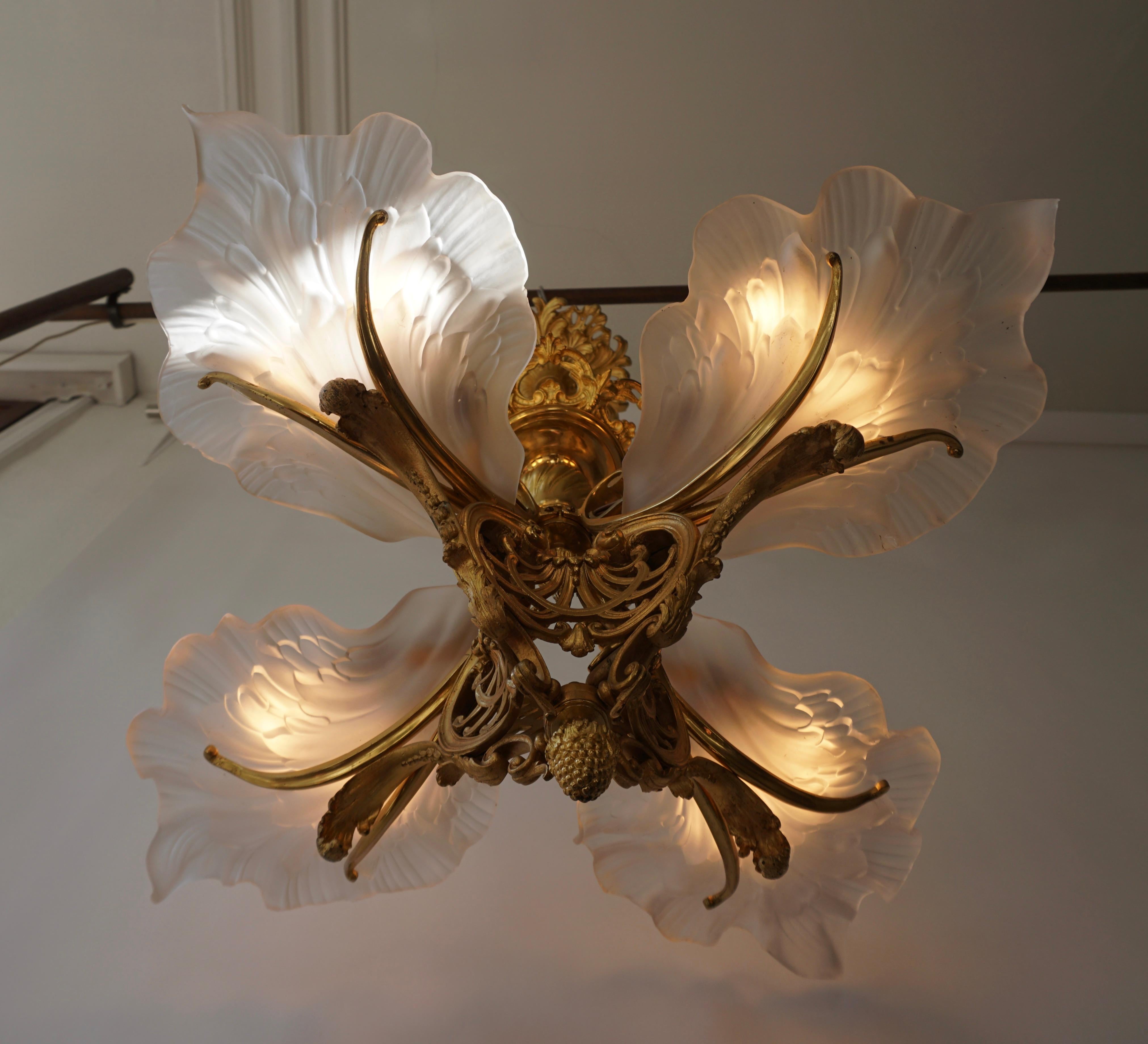 French Gilt Bronze Chandelier with Frosted Glass 4