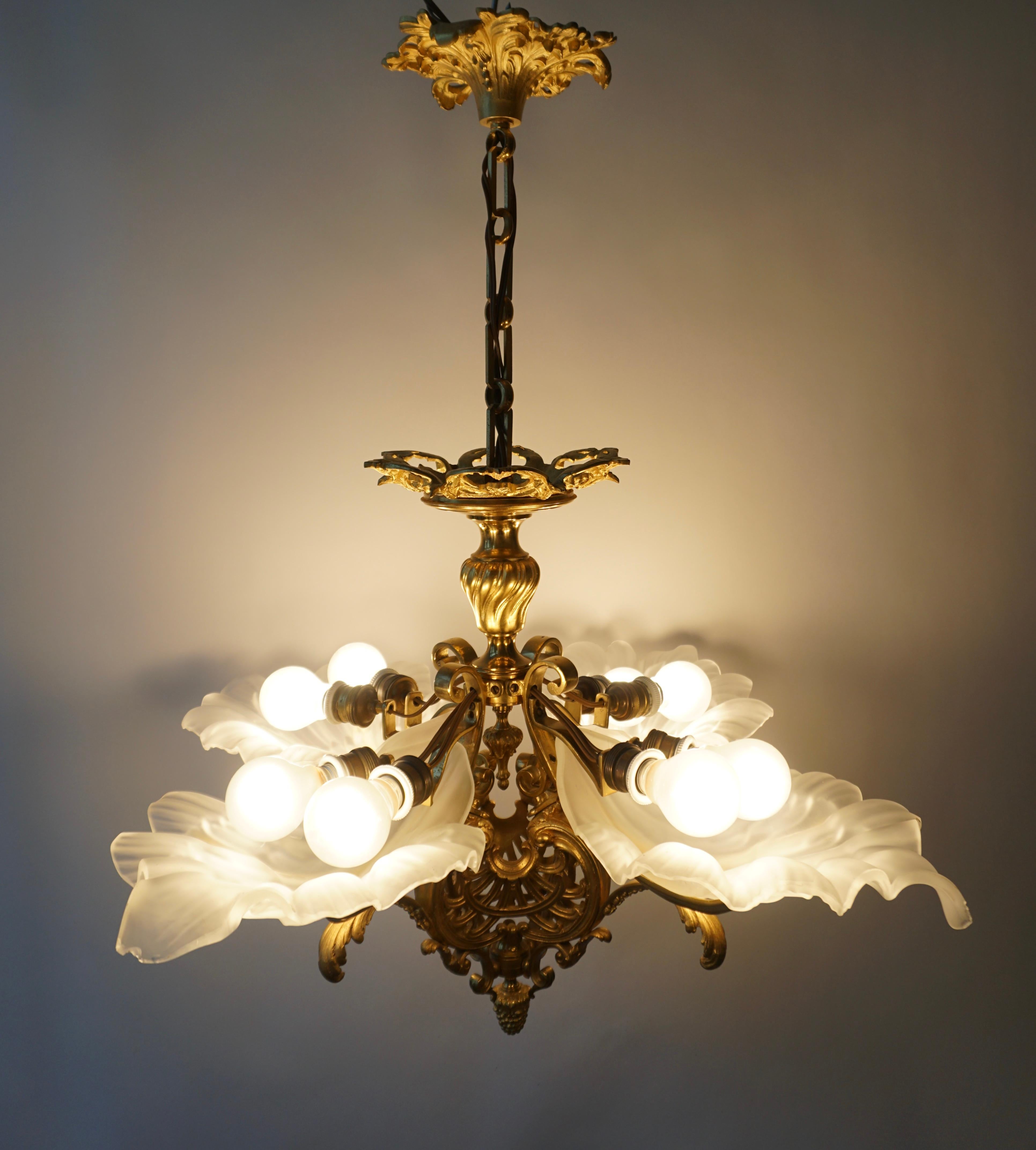 French Gilt Bronze Chandelier with Frosted Glass 5