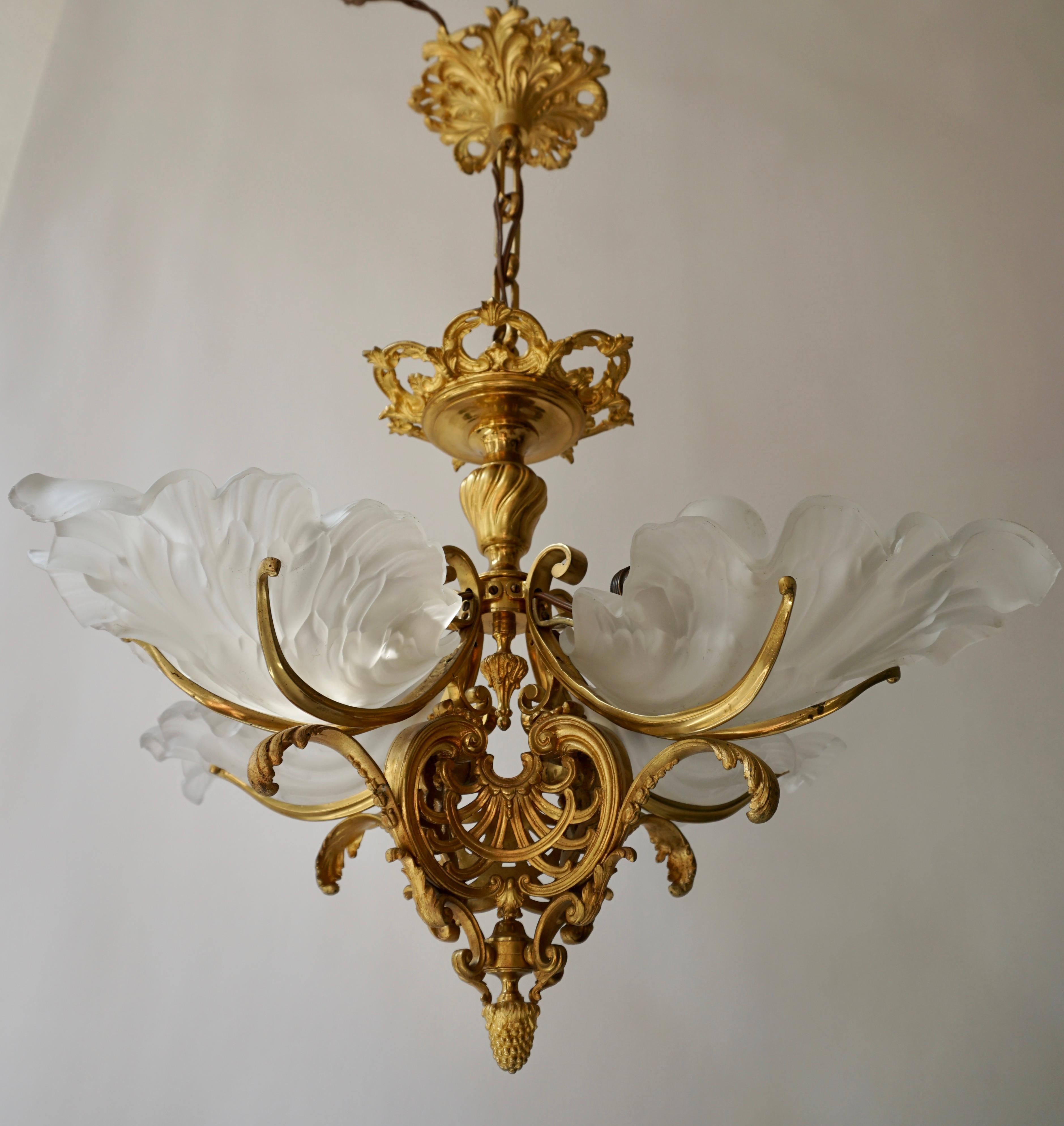 French Gilt Bronze Chandelier with Frosted Glass 6