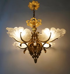 French Gilt Bronze Chandelier with Frosted Glass