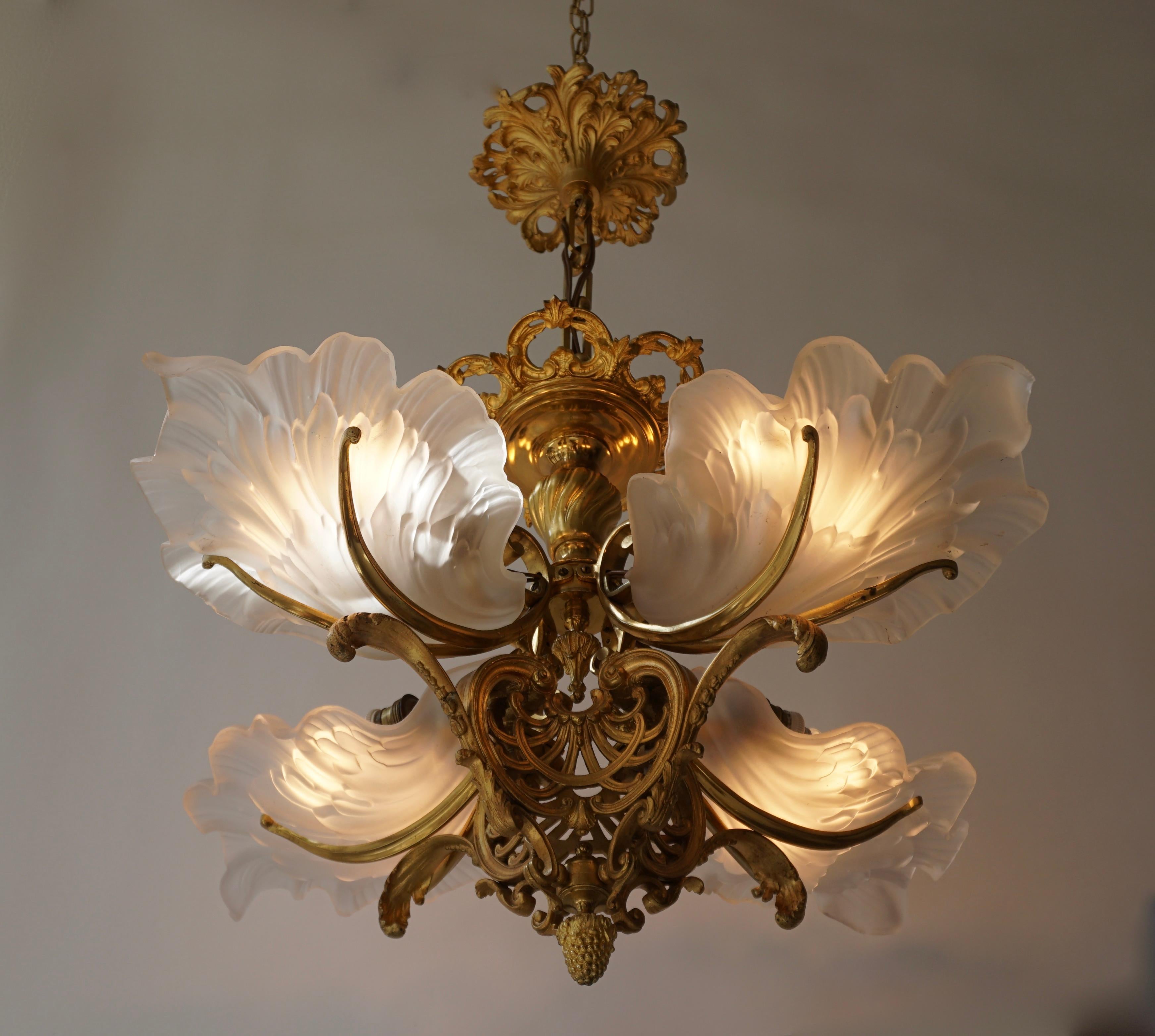 Hollywood Regency French Gilt Bronze Chandelier with Frosted Glass