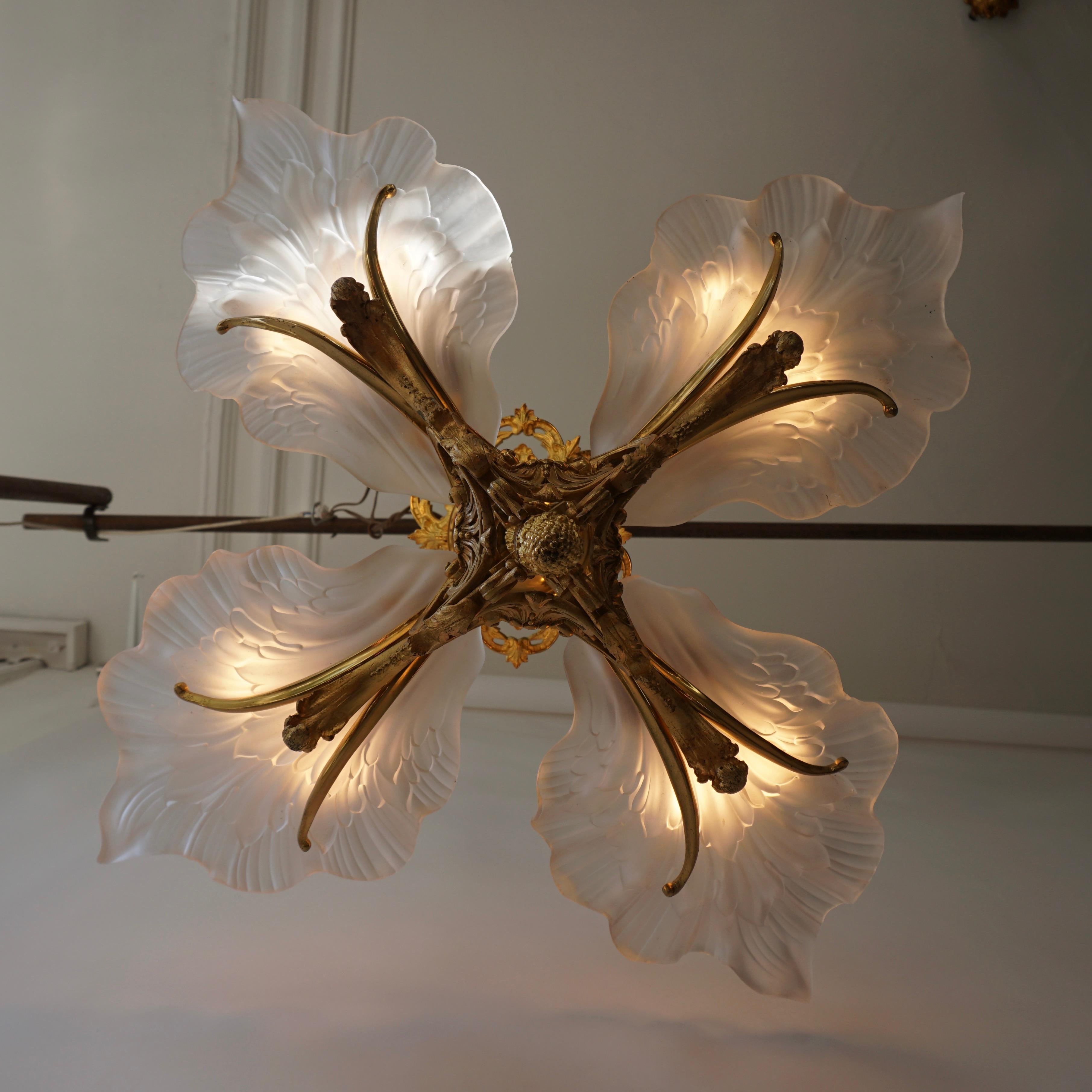 Art Glass French Gilt Bronze Chandelier with Frosted Glass
