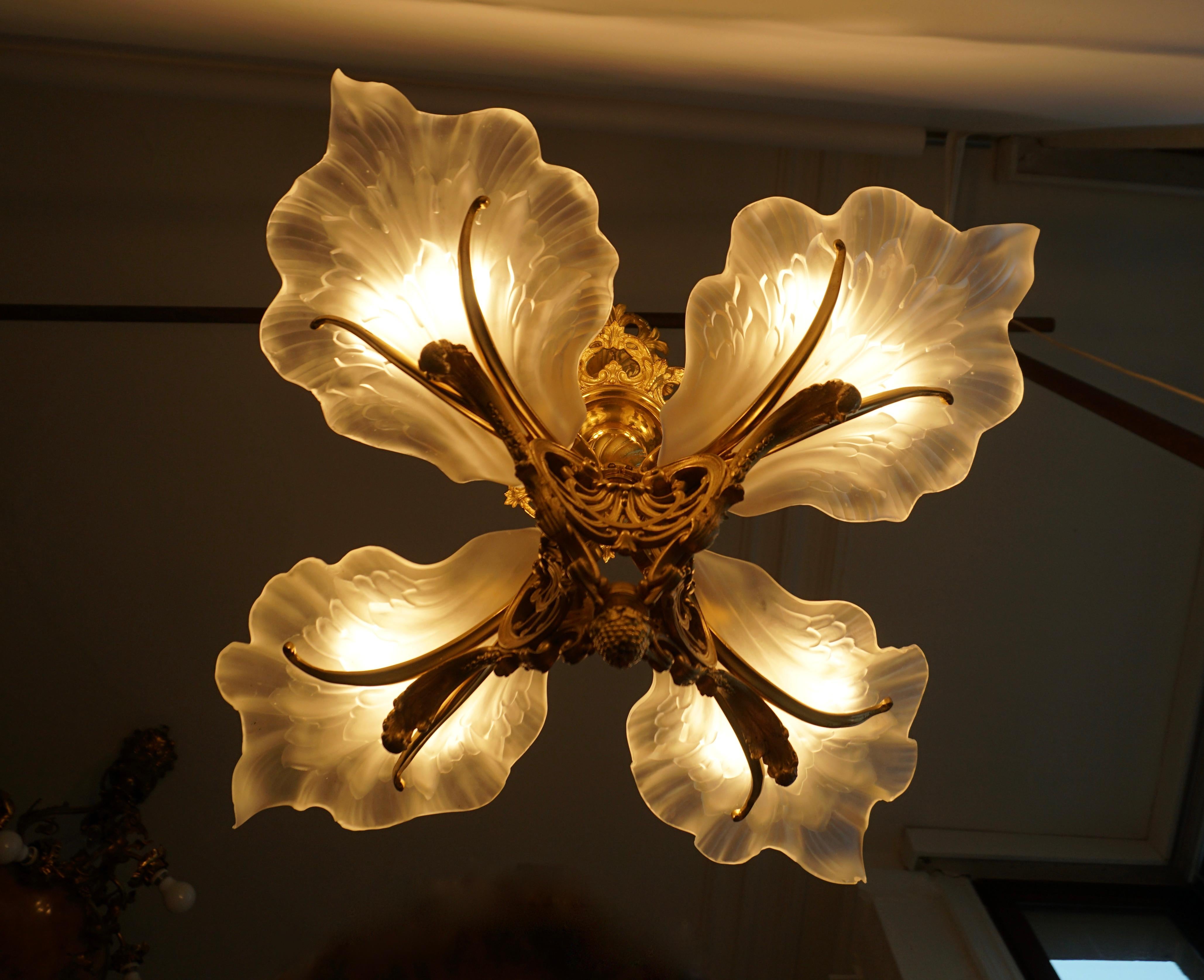 French Gilt Bronze Chandelier with Frosted Glass 1